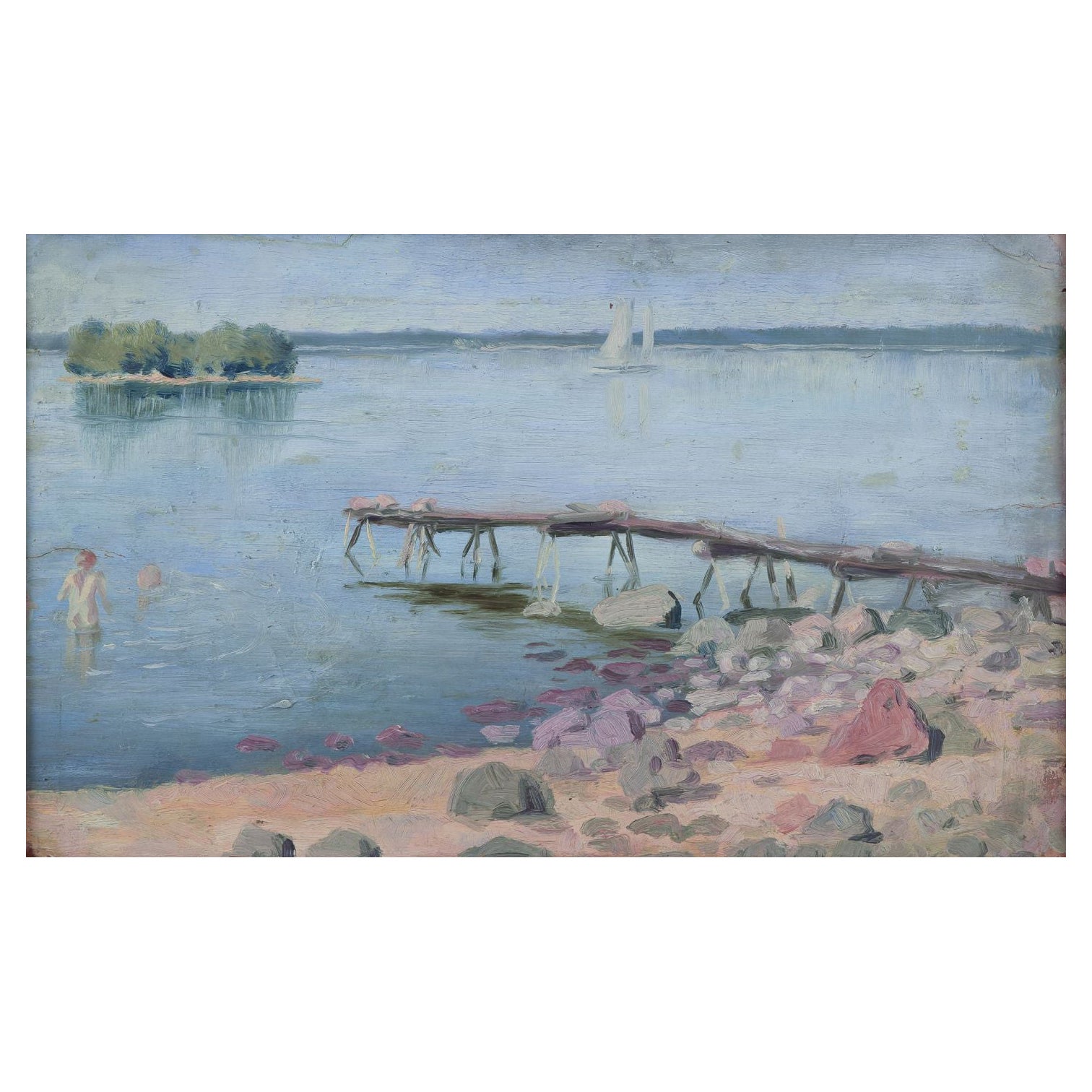 Garibaldi Lindberg, eingetragener schwedischer Künstler. Öl auf Leinwand. Szene am See. im Angebot