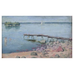 Garibaldi Lindberg, eingetragener schwedischer Künstler. Öl auf Leinwand. Szene am See.