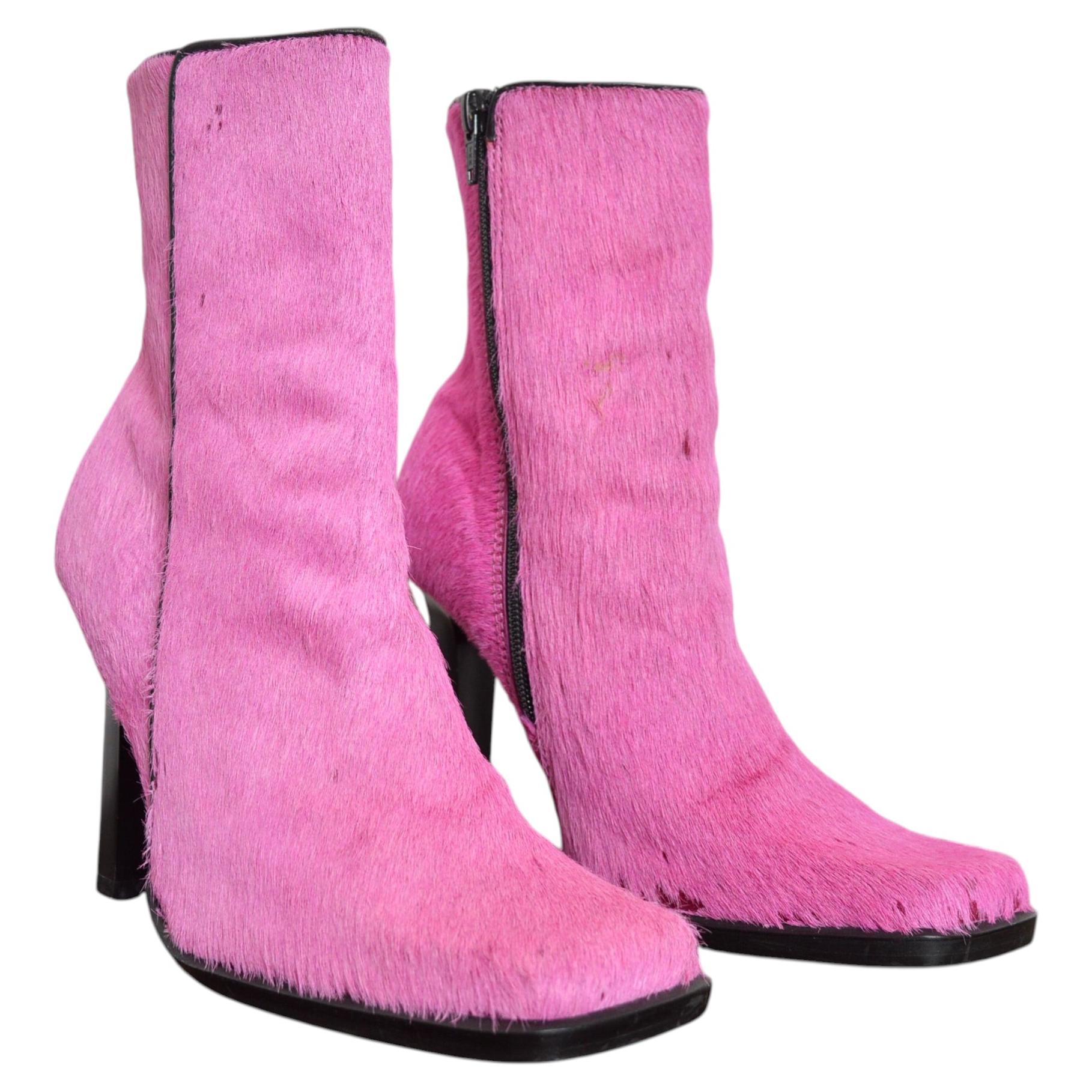 Garish 2000's Vintage Hot Pink Y2K Pony Skin Ankle Boots EU 38 / UK 5 For Sale