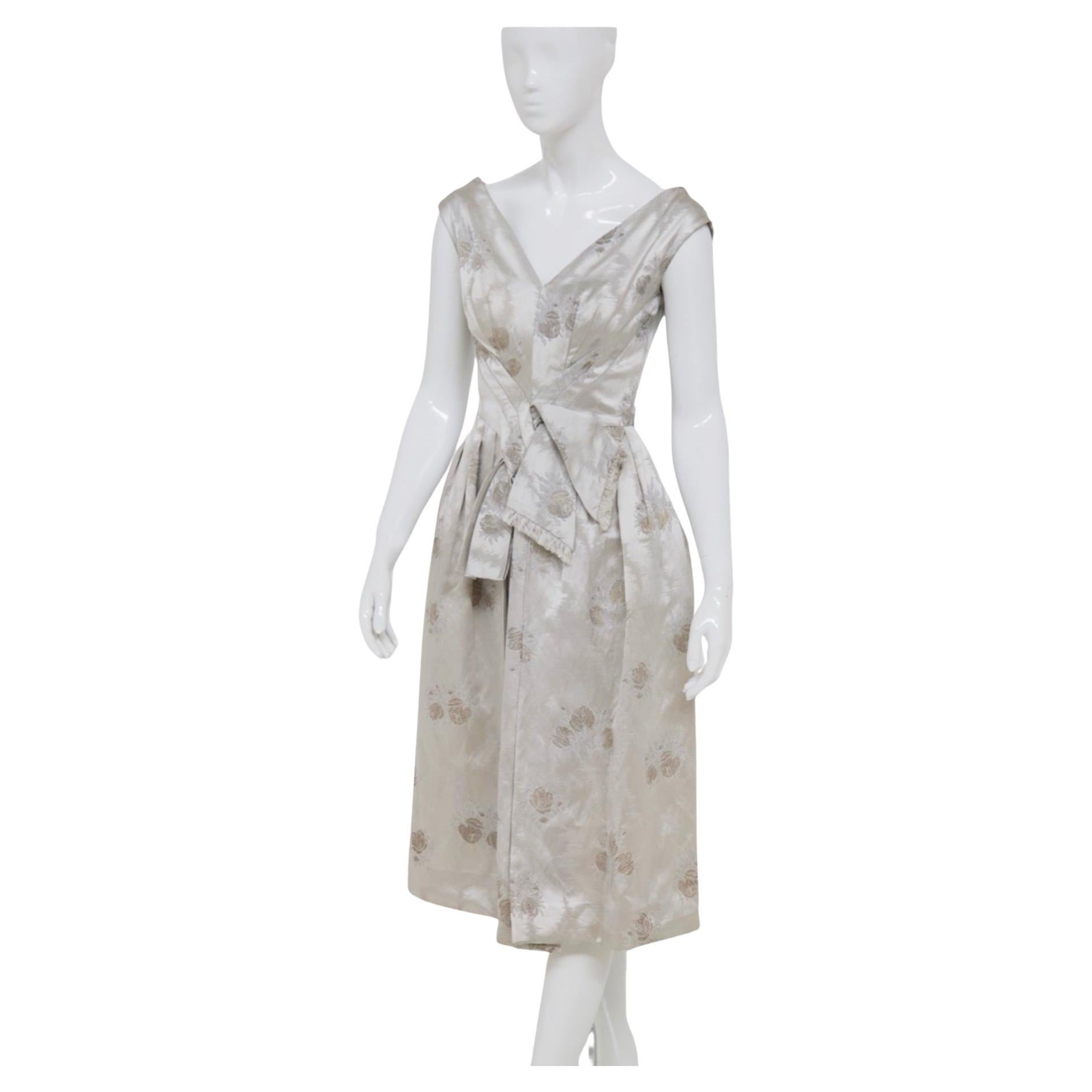 Garish Vintage Tailored Dress in Pearl Gray Silk Satin For Sale