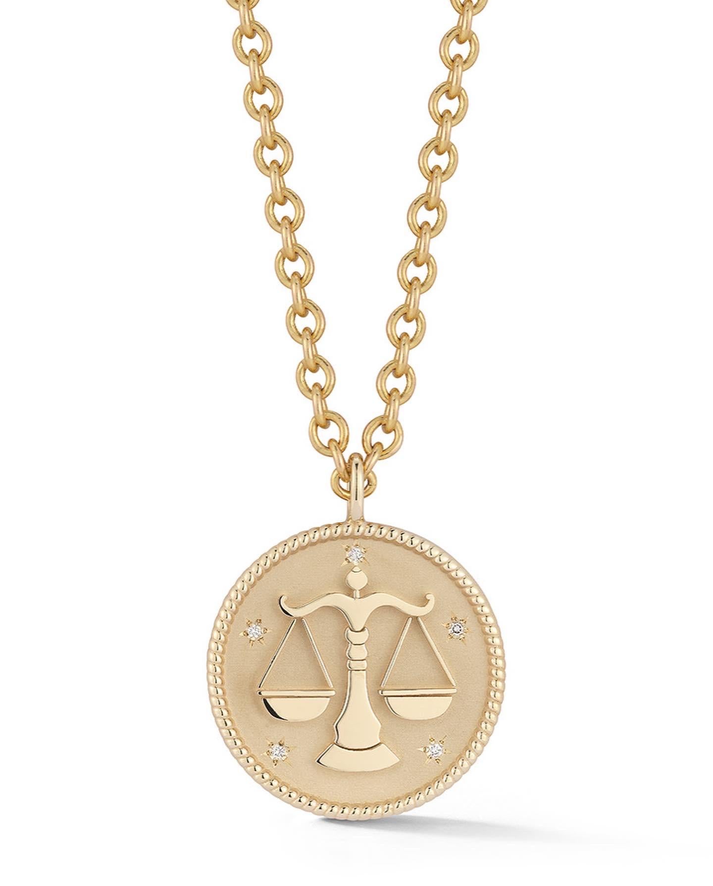 Garland Collection's vintage inspired zodiac medallions are custom and handmade to order in New York City by our team of master jewelers. A polished rope border on each medallion surrounds a matte gold background, while handset diamonds in a