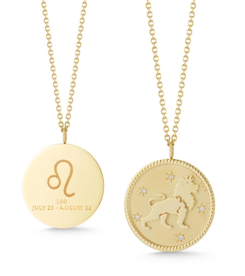 Garland Collection's vintage inspired zodiac medallions are custom and handmade to order in New York City by our team of master jewelers. A polished rope border on each medallion surrounds a matte gold background, while handset diamonds in a