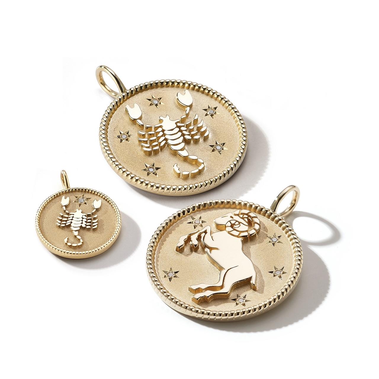 Garland Collection's vintage inspired zodiac medallions are custom and handmade to order in New York City by our team of master jewelers. A polished rope border on each medallion surrounds a matte gold background, while handset diamonds in a