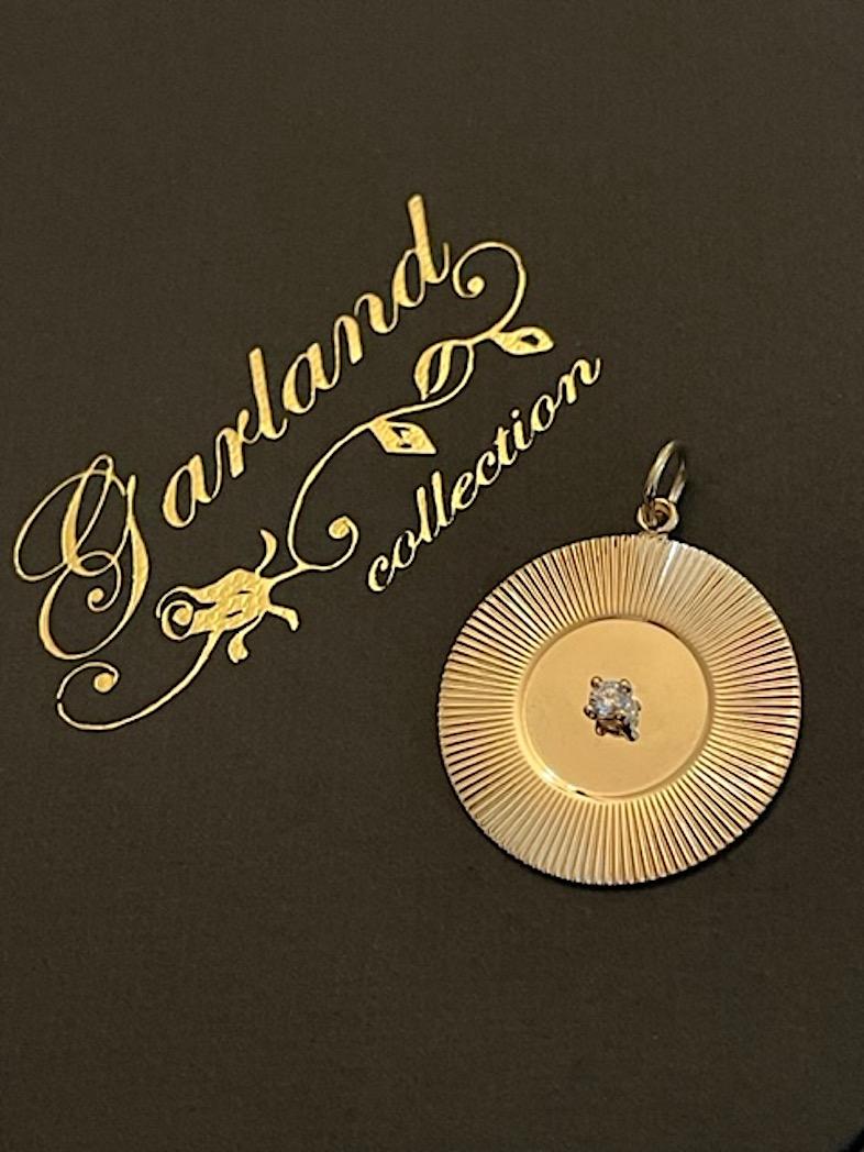Garland Collection Retro Gold Engine Turned Disc Charm Pendant with Diamond For Sale 3