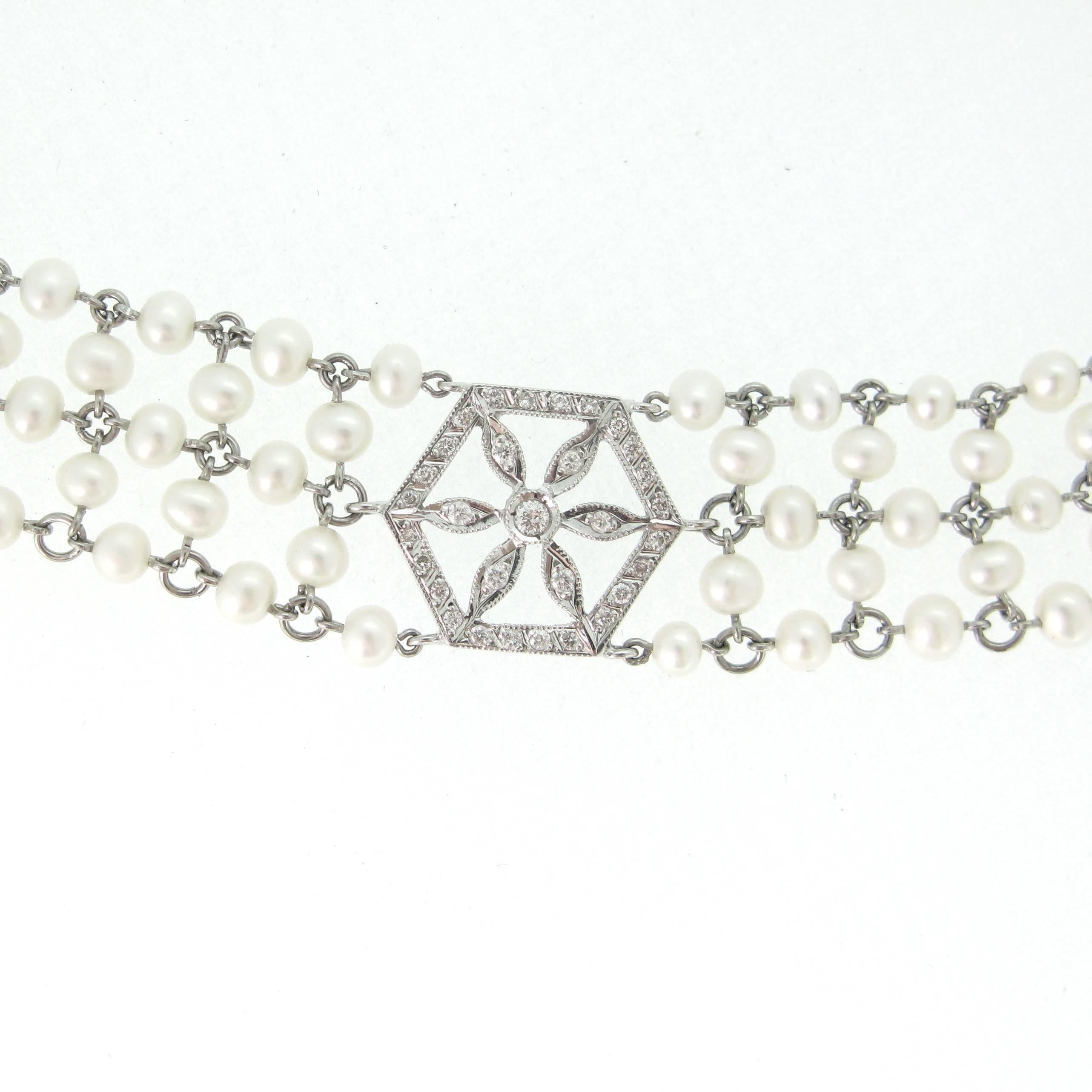 Round Cut Garland Edwardian Style Diamonds Pearls Necklace