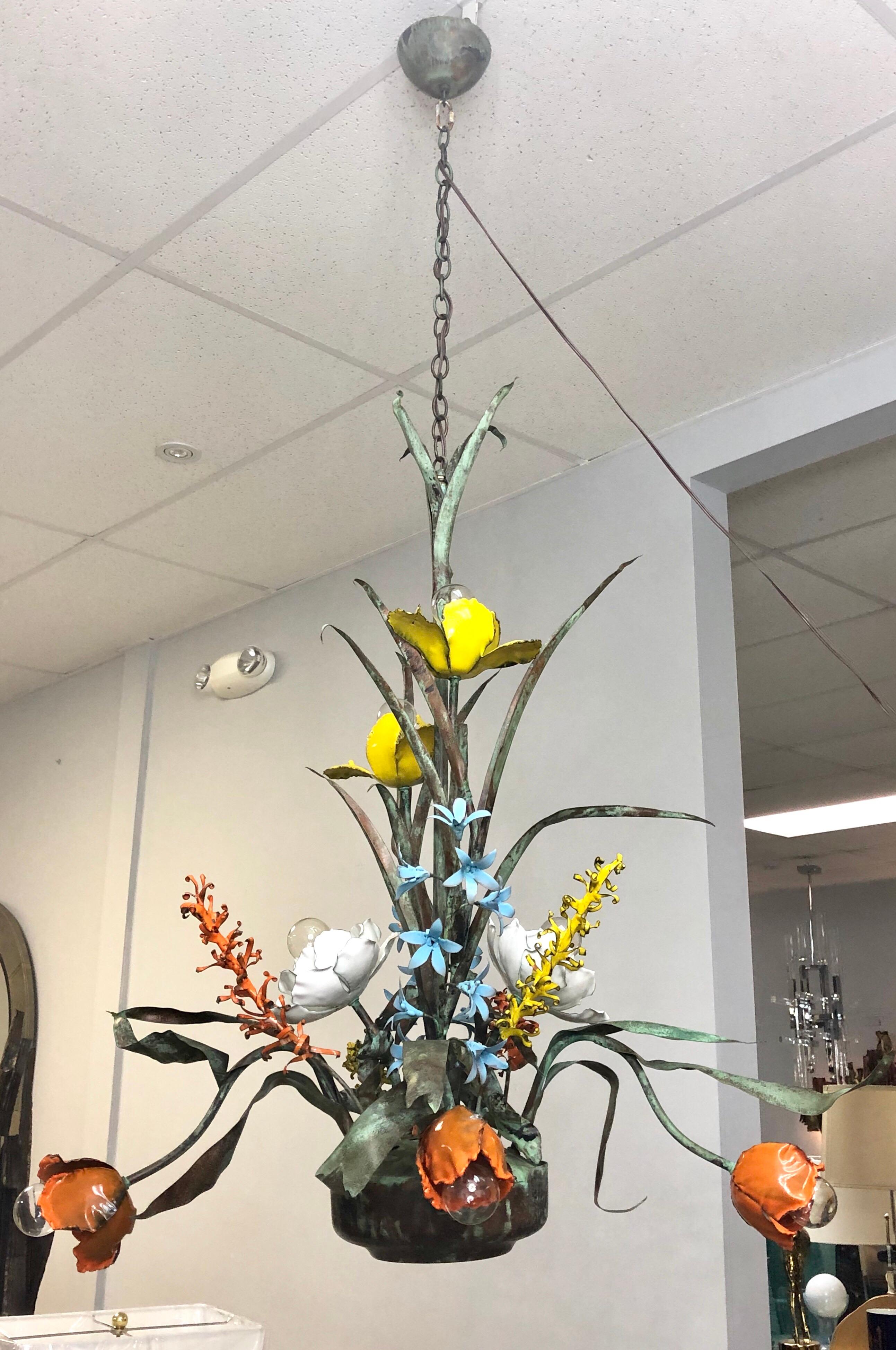 American Garland Faulkner Large Enamel Botanical Chandelier, 1975