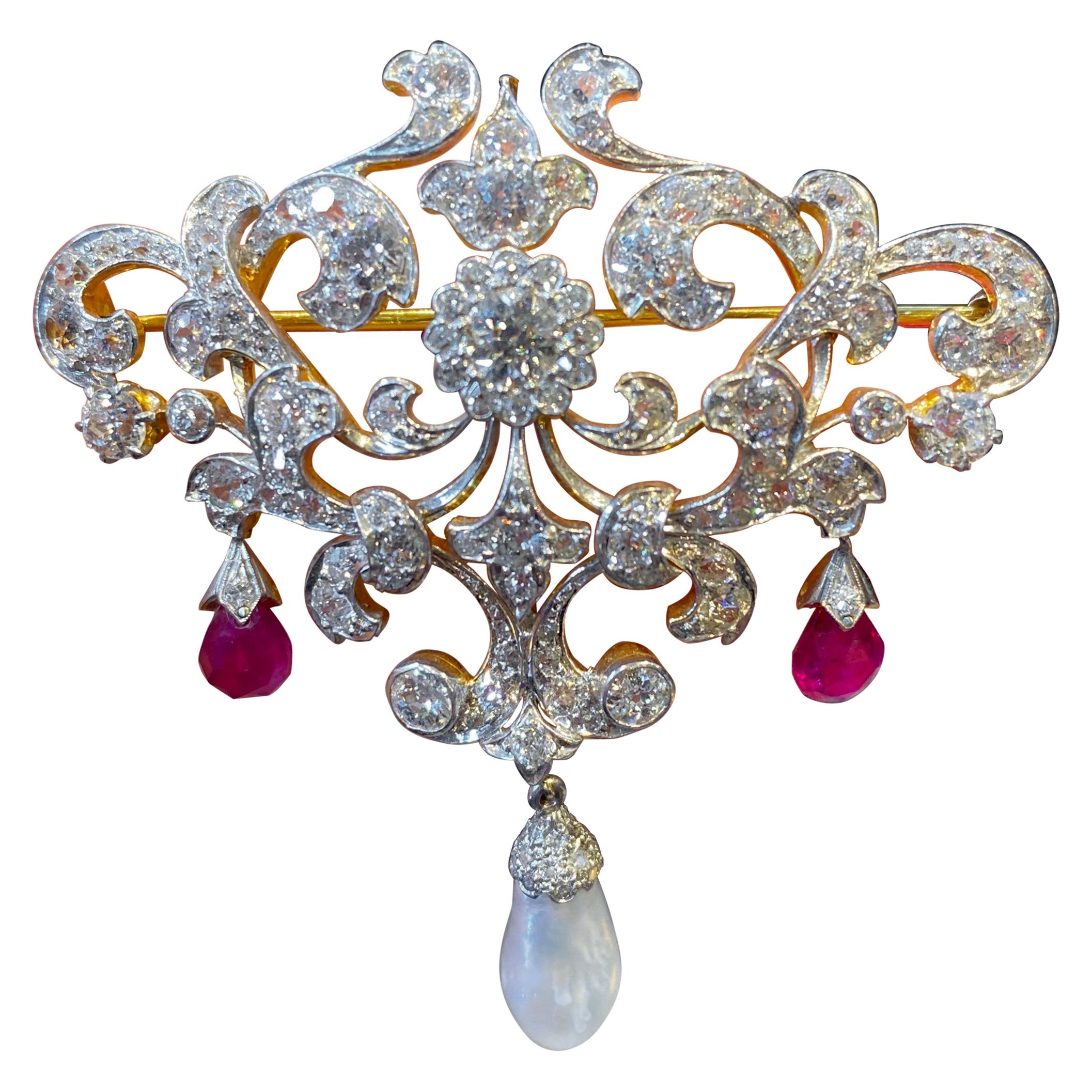 Garland Style Antique Pearl and Ruby Brooch For Sale