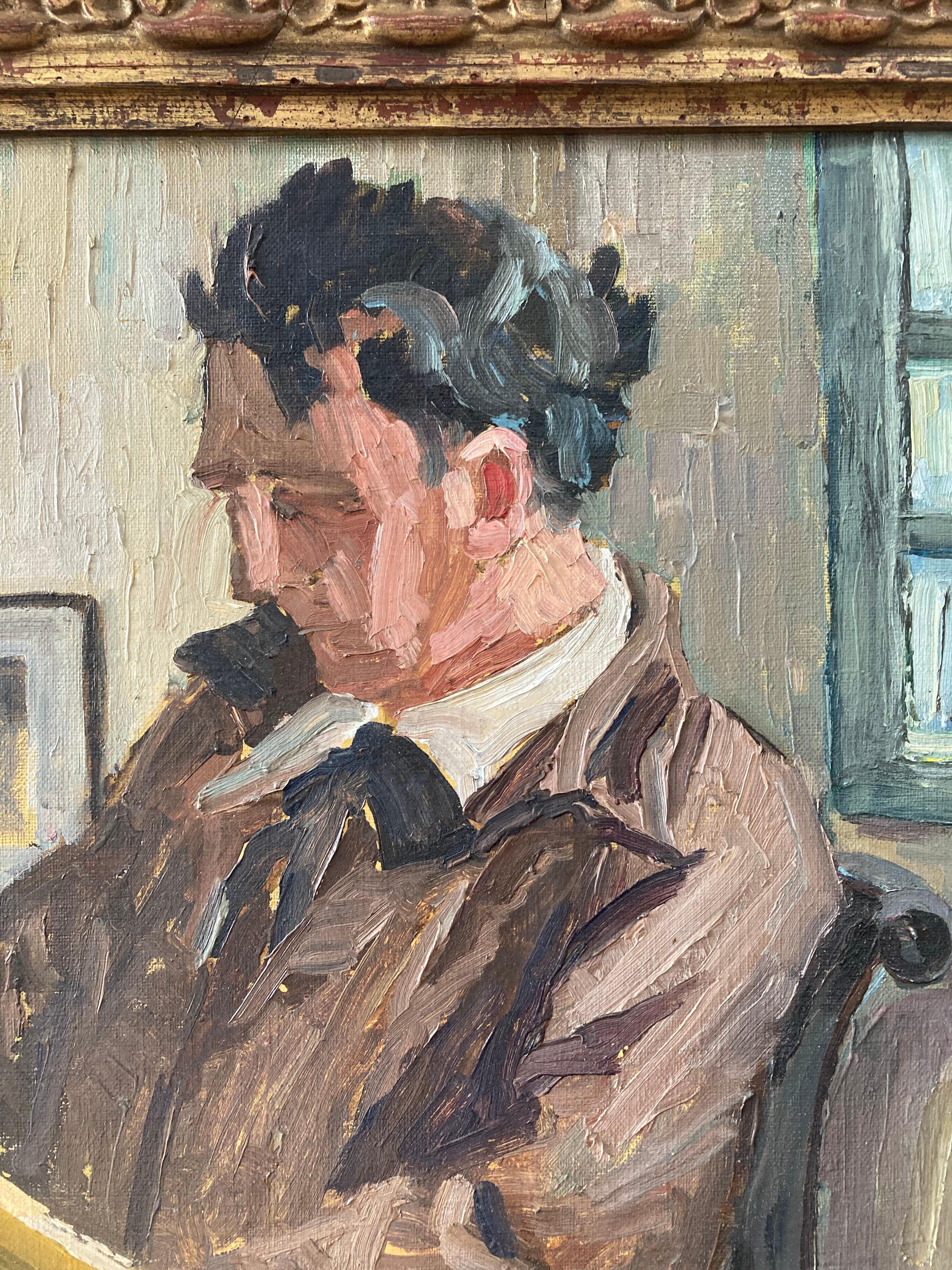 Female Cornish artist, Walter Sickert pupil, Cubist portrait of man in interior For Sale 3