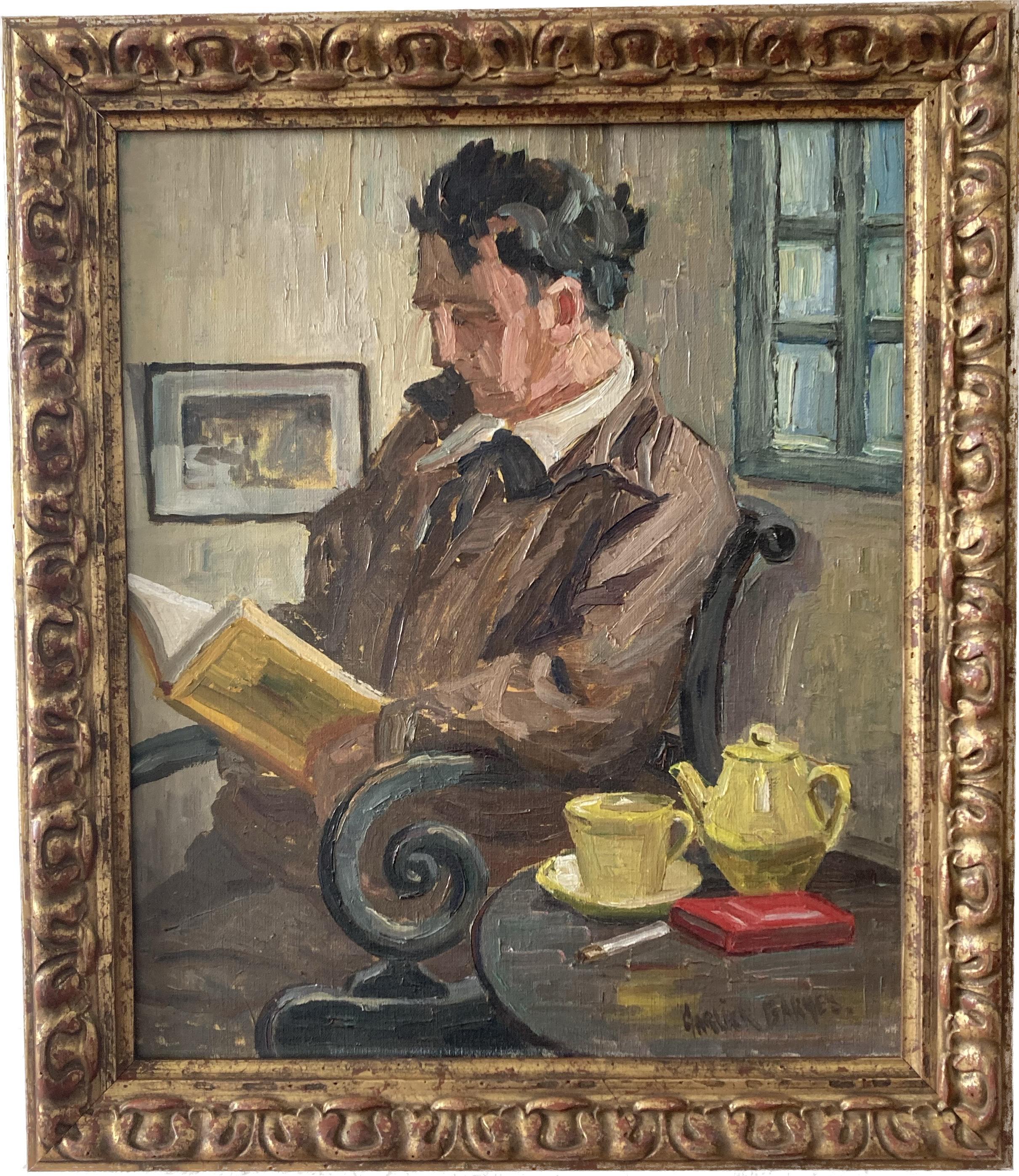 Garlick Barnes Interior Painting - Female Cornish artist, Walter Sickert pupil, Cubist portrait of man in interior