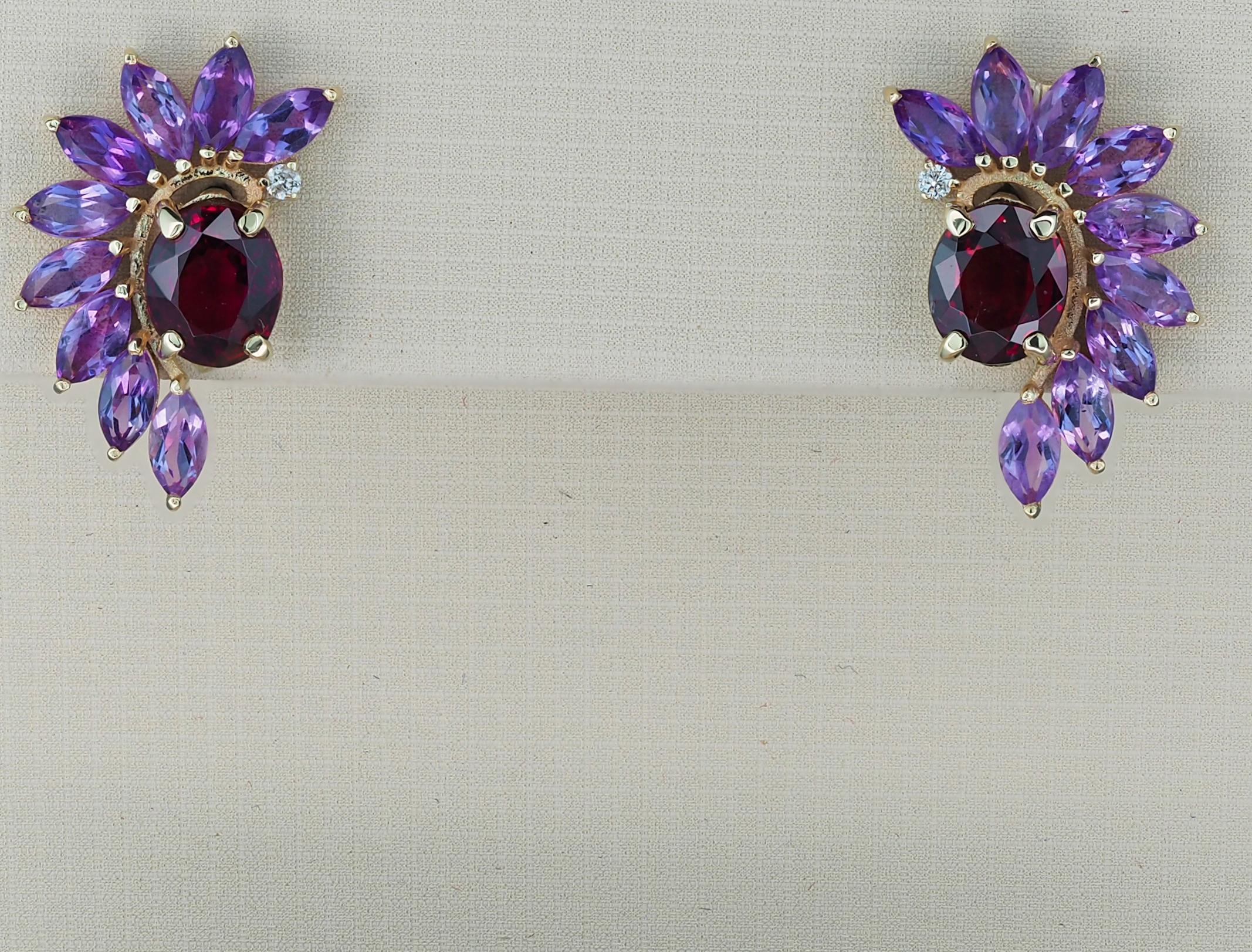 Oval Cut Garnet 14k Gold Earrings Studs, Amethyst Earrings Studs in 14k Gold For Sale