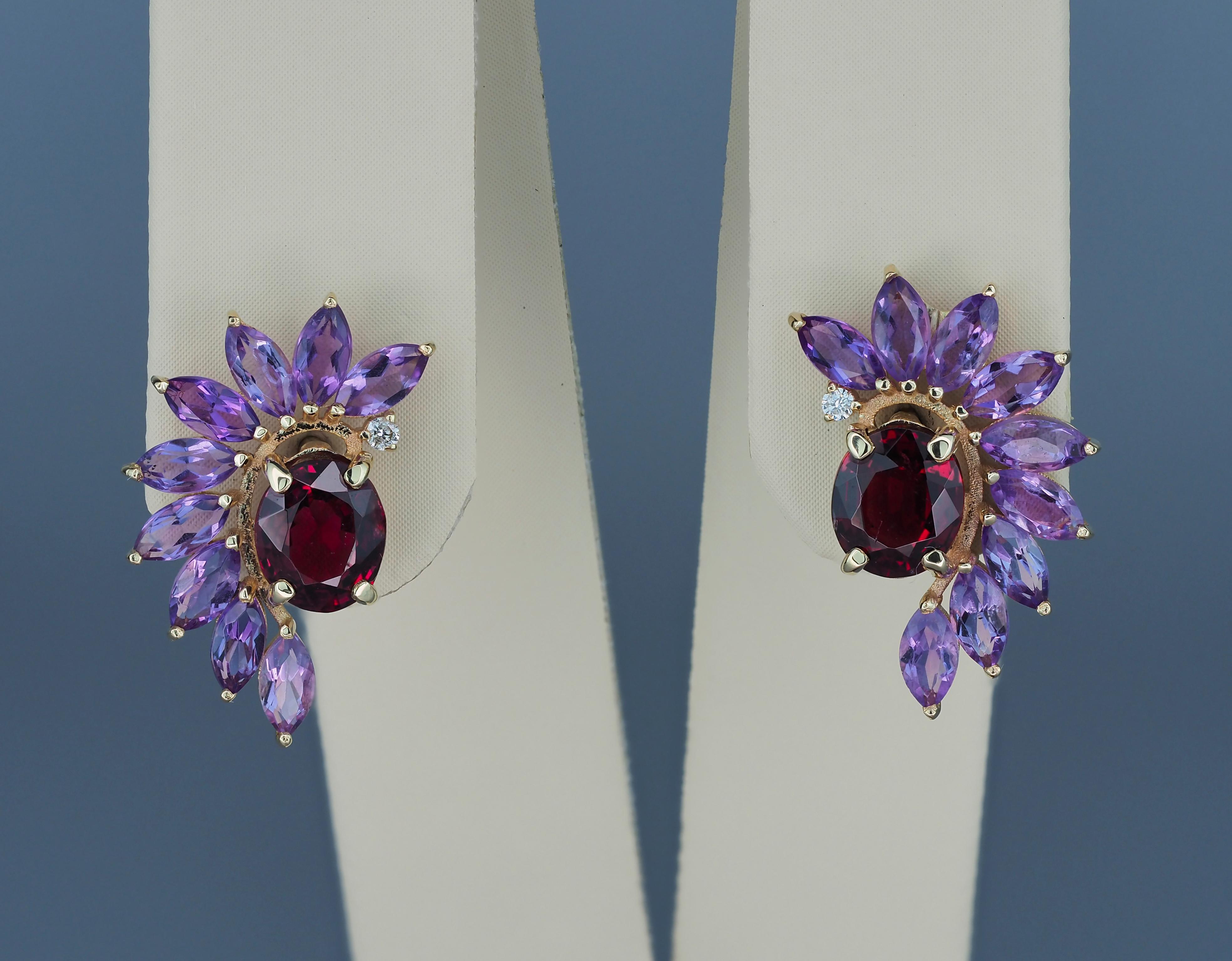 Garnet 14k Gold Earrings Studs, Amethyst Earrings Studs in 14k Gold For Sale 1