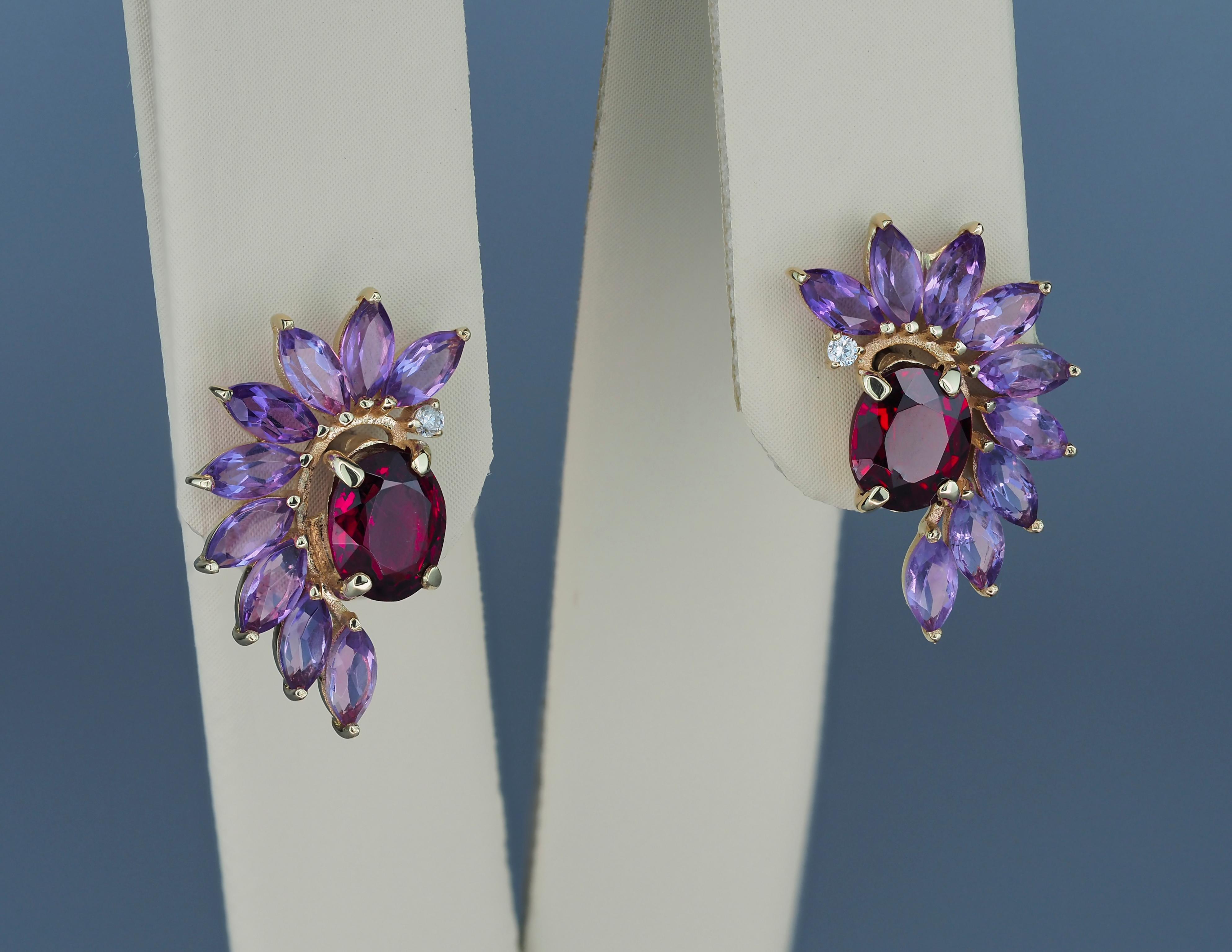 Garnet 14k Gold Earrings Studs, Amethyst Earrings Studs in 14k Gold For Sale 2