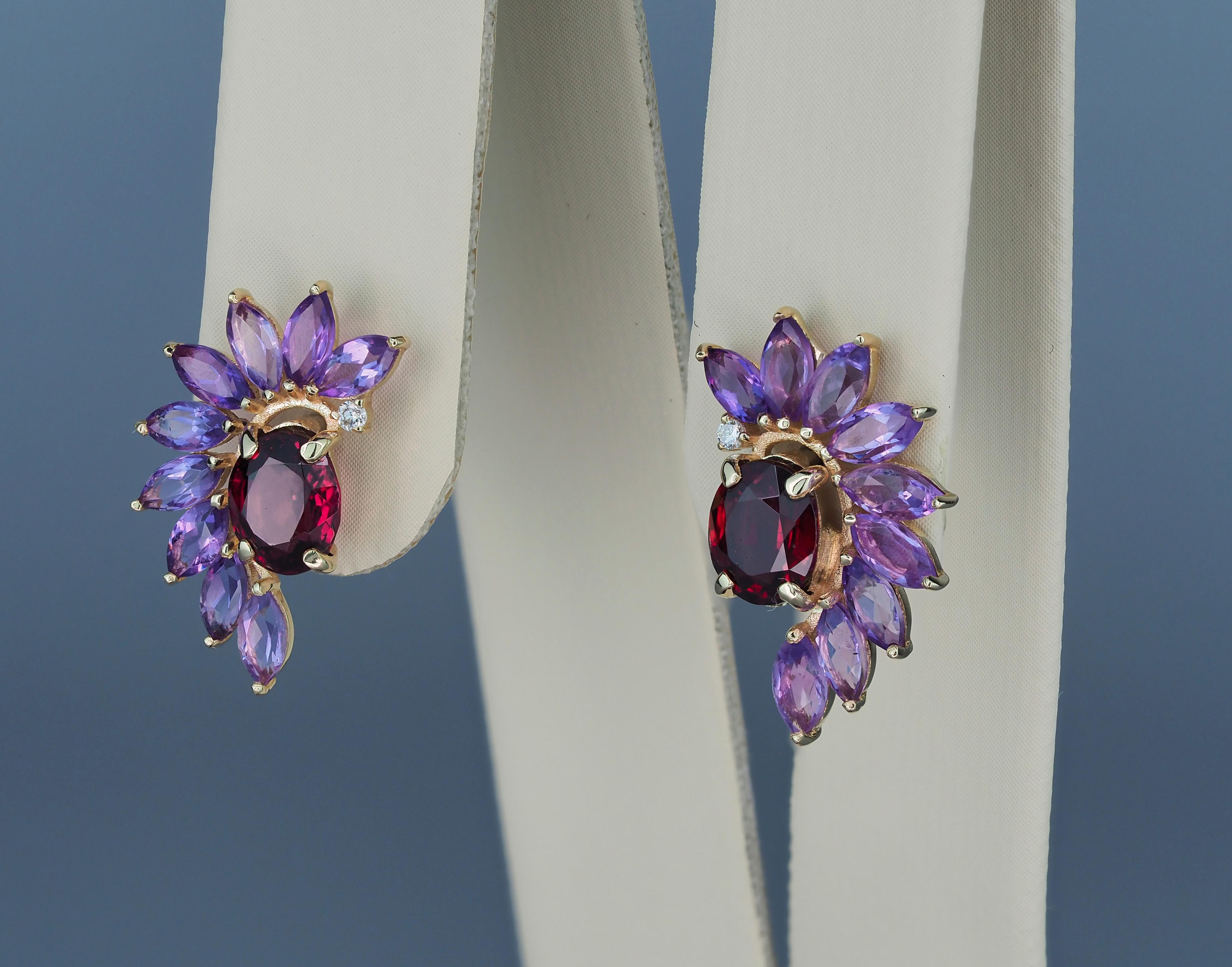 Garnet 14k Gold Earrings Studs, Amethyst Earrings Studs in 14k Gold For Sale 3