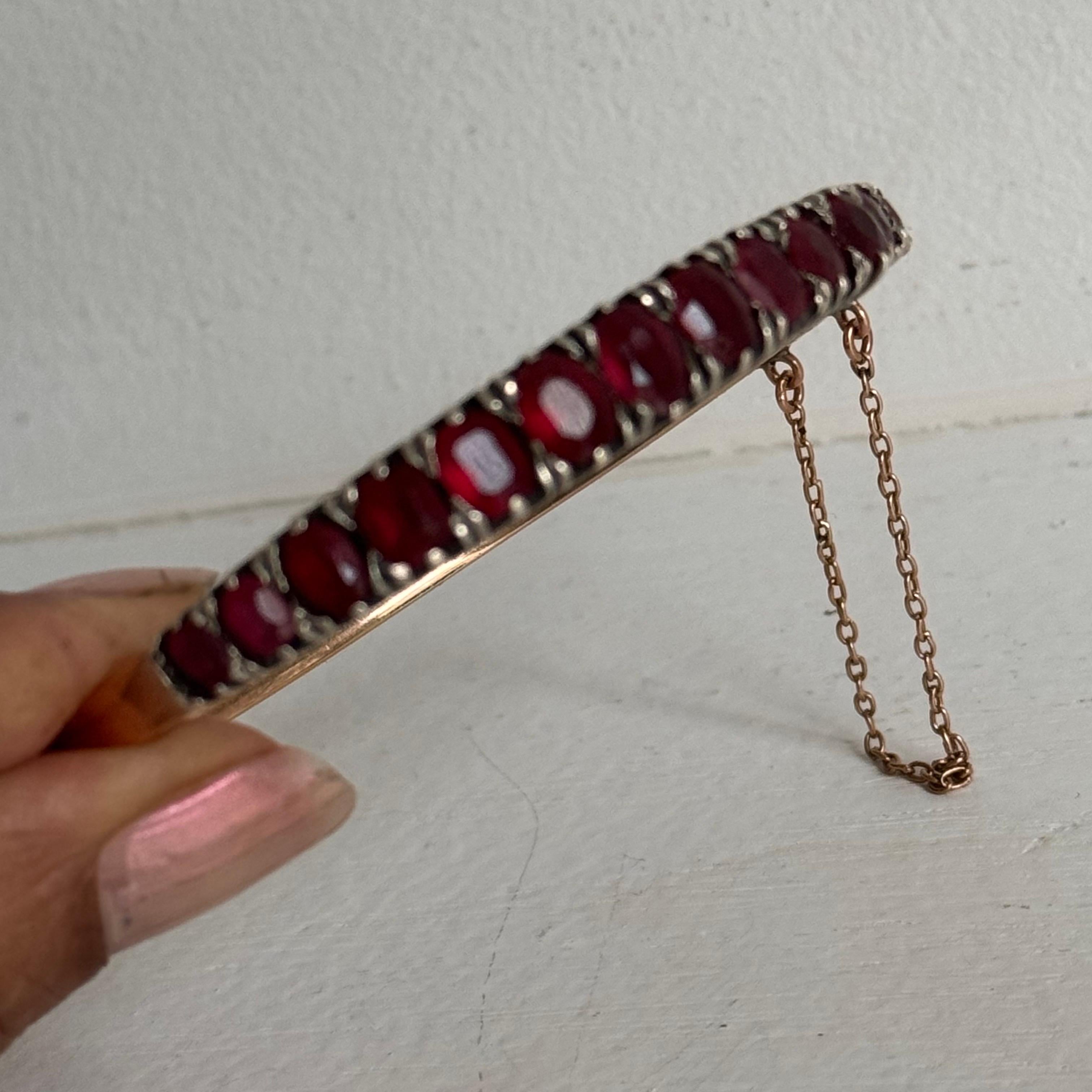 Antique French Garnet, 14K Yellow Gold Silver Hinged Bangle Bracelet For Sale 8