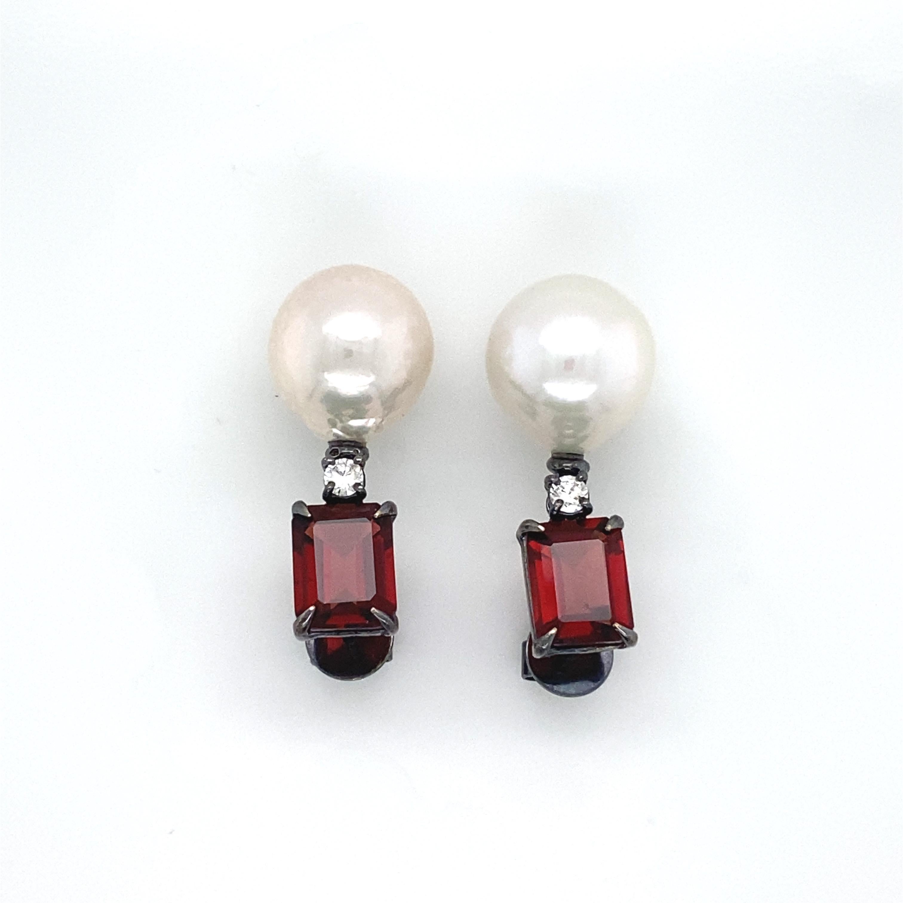 Emerald Cut Garnet 18k Black Gold Dangling Earrings with Diamonds and Baroque Pearls For Sale