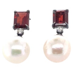 Garnet 18k Black Gold Dangling Earrings with Diamonds and Baroque Pearls