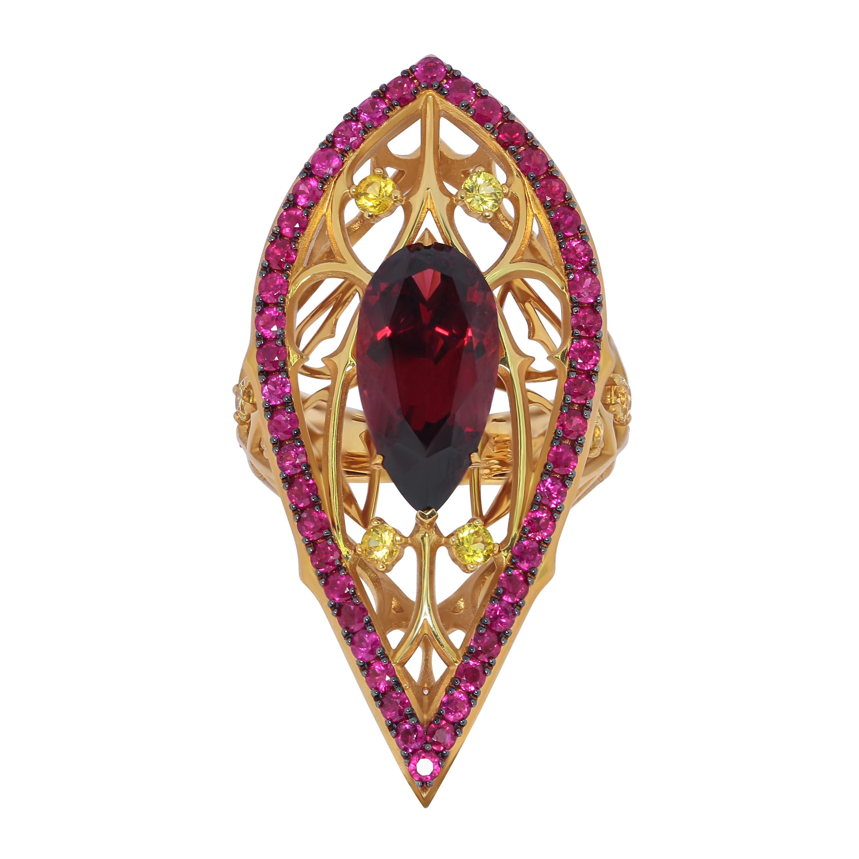 Garnet 4.38 Carat Ruby Sapphire 18 Karat Yellow Gold Gothic Ring
Imagine a Gothic cathedral with all its grace, upward aspiration and colorful stained glass windows. At the idea of this collection, our designers were inspired by all this beauty. The