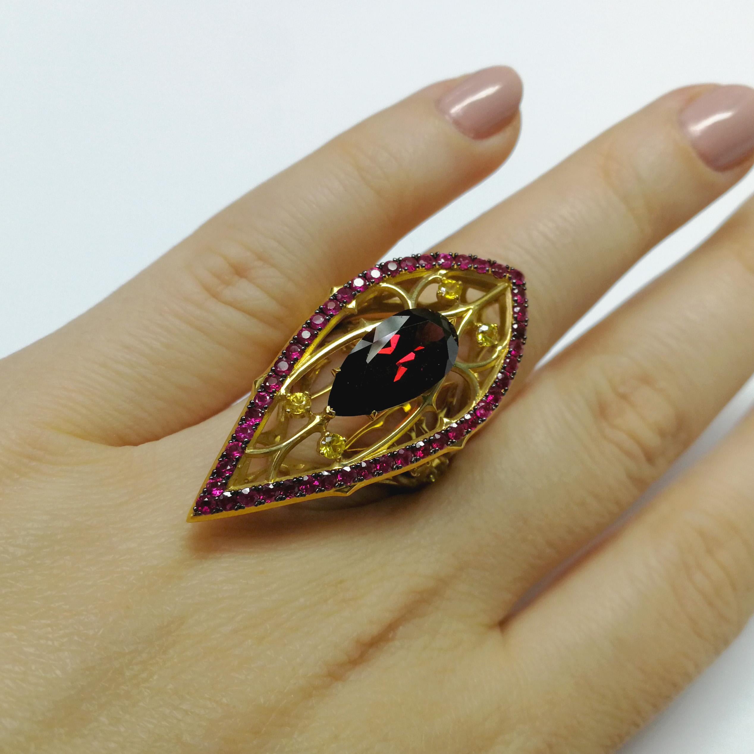 Women's Garnet 4.38 Carat Ruby Sapphire 18 Karat Yellow Gold Gothic Ring For Sale