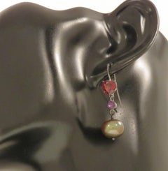 Garnet Amethyst Pearls 9 Karat White Gold Dangle Earrings Handcrafted in Italy