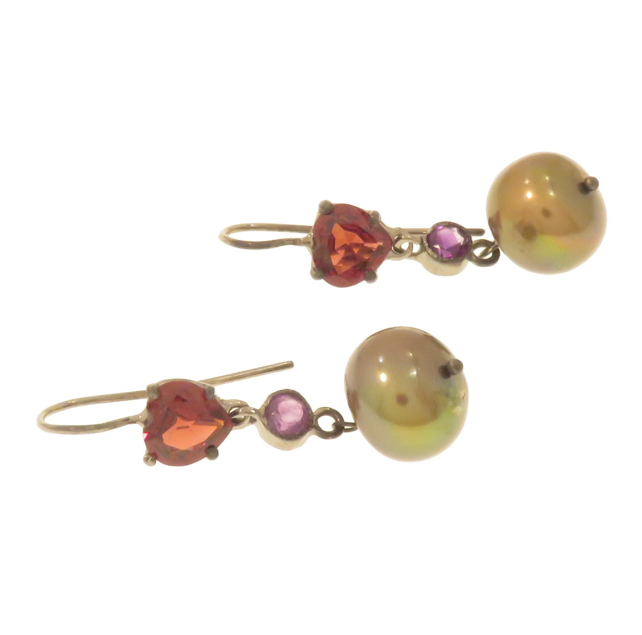 Mixed Cut Garnet Amethyst Pearls 9 Karat White Gold Dangle Earrings Handcrafted in Italy For Sale