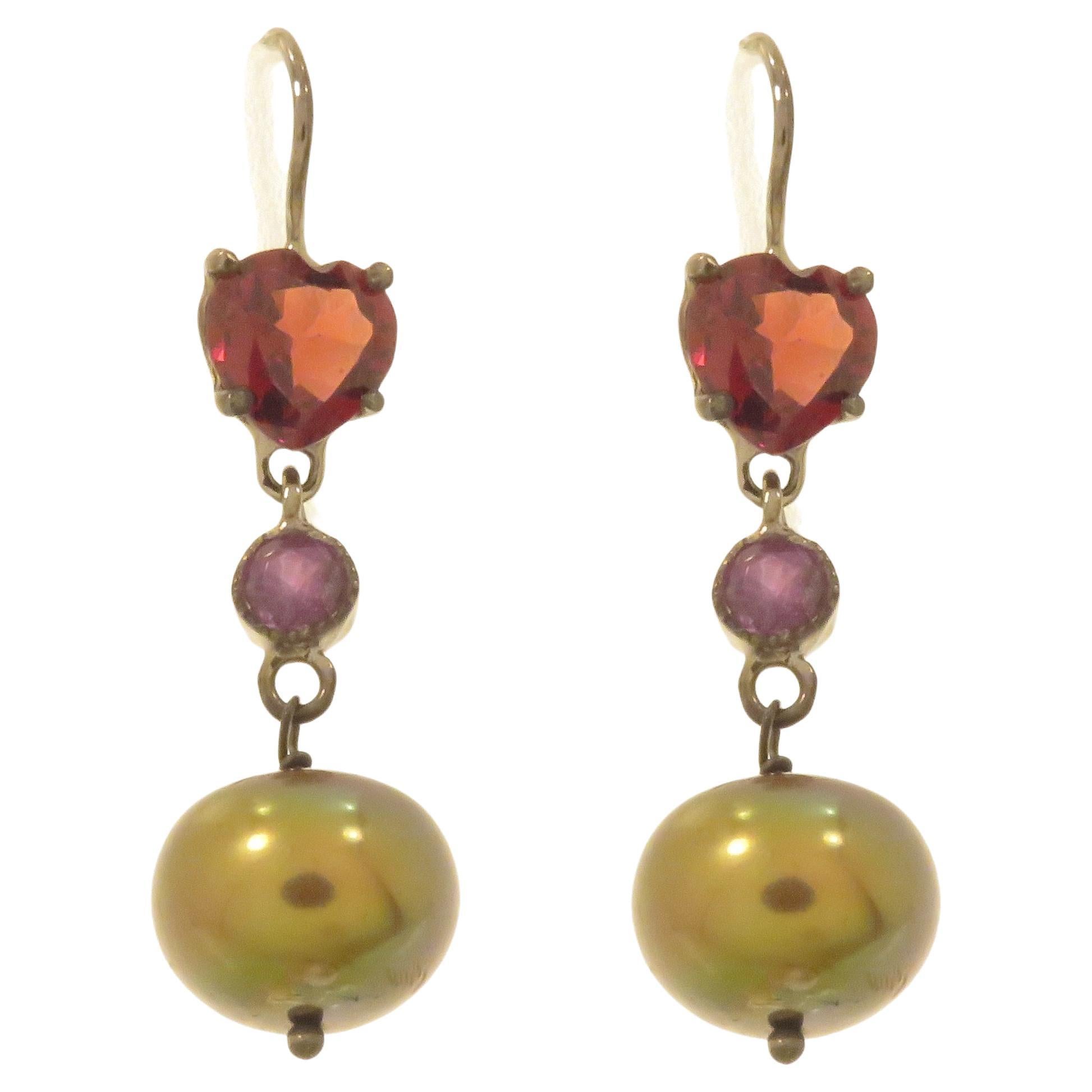 Garnet Amethyst Pearls 9 Karat White Gold Dangle Earrings Handcrafted in Italy