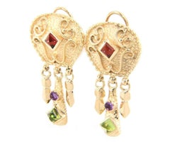 Garnet, Amethyst and Peridot Etruscan Dangle Earrings in 14K Yellow Gold
