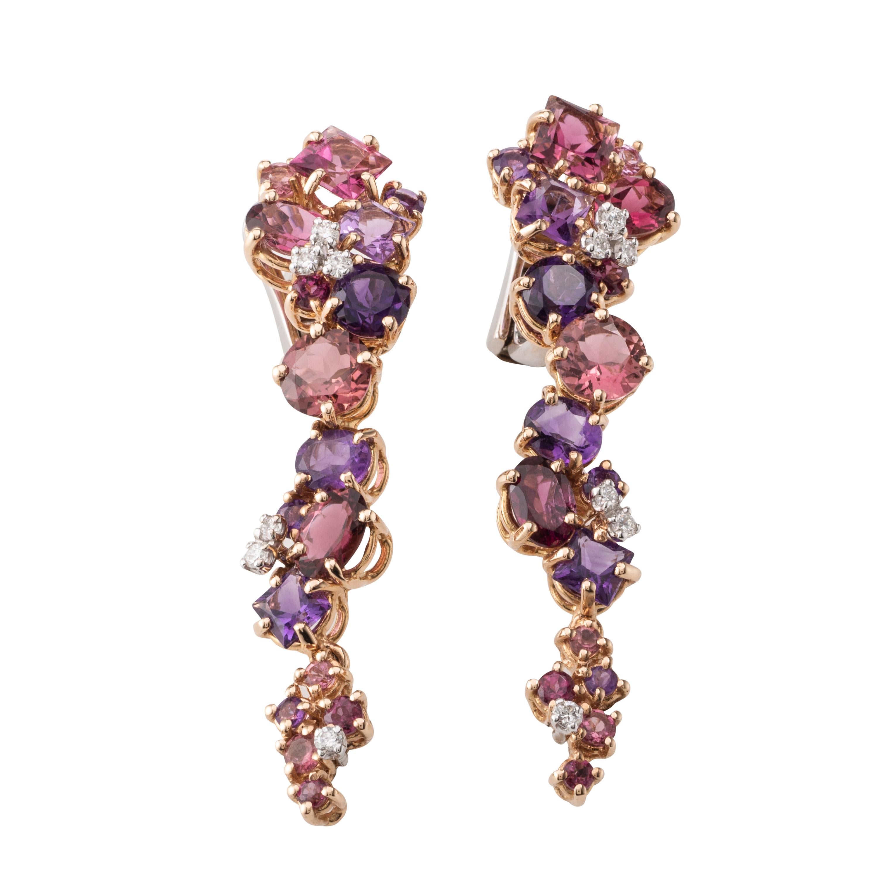 Modern Garnet Amethyst Diamond 18 Karat Rose Gold Dangle Earrings For Sale