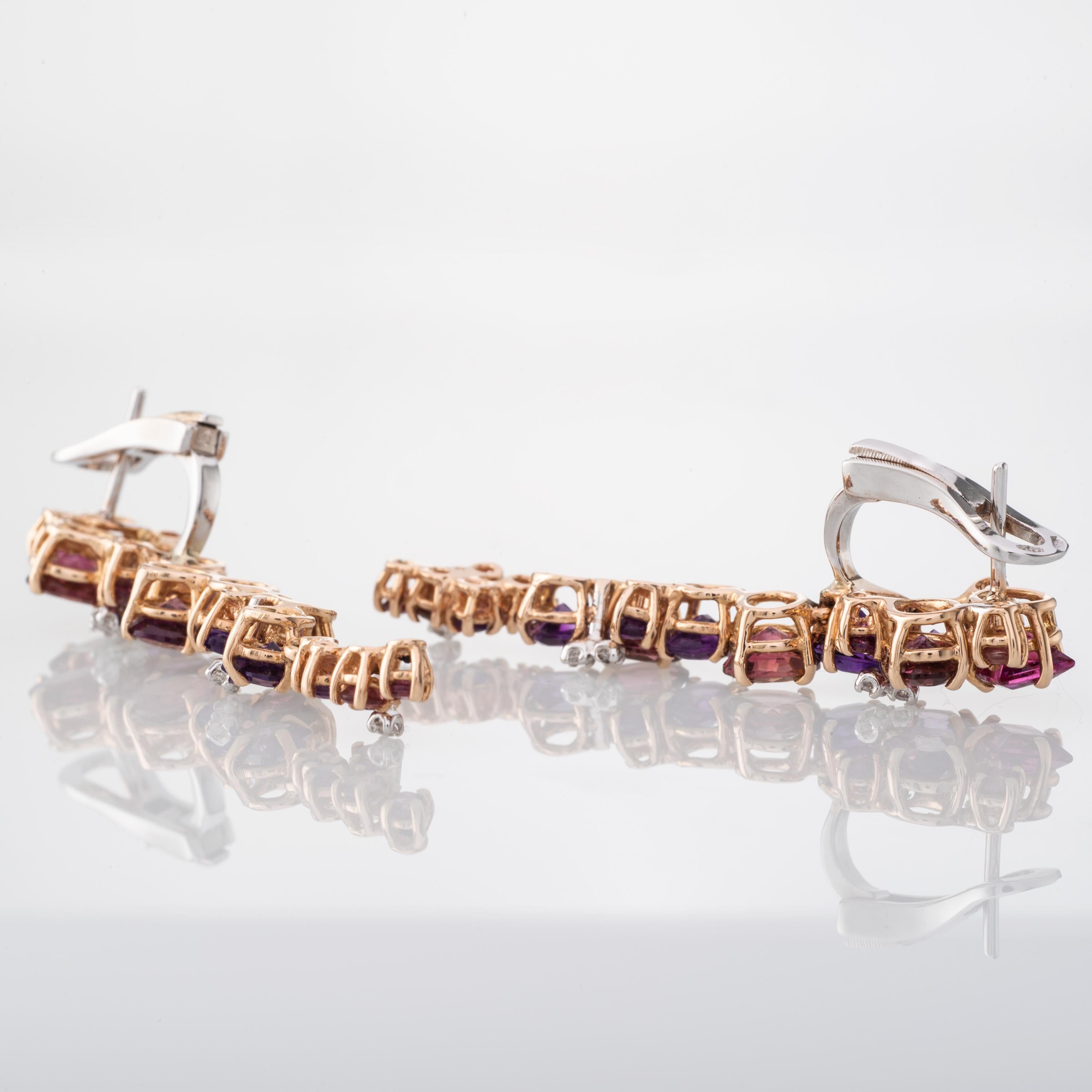 Garnet Amethyst Diamond 18 Karat Rose Gold Dangle Earrings In New Condition For Sale In London, UK