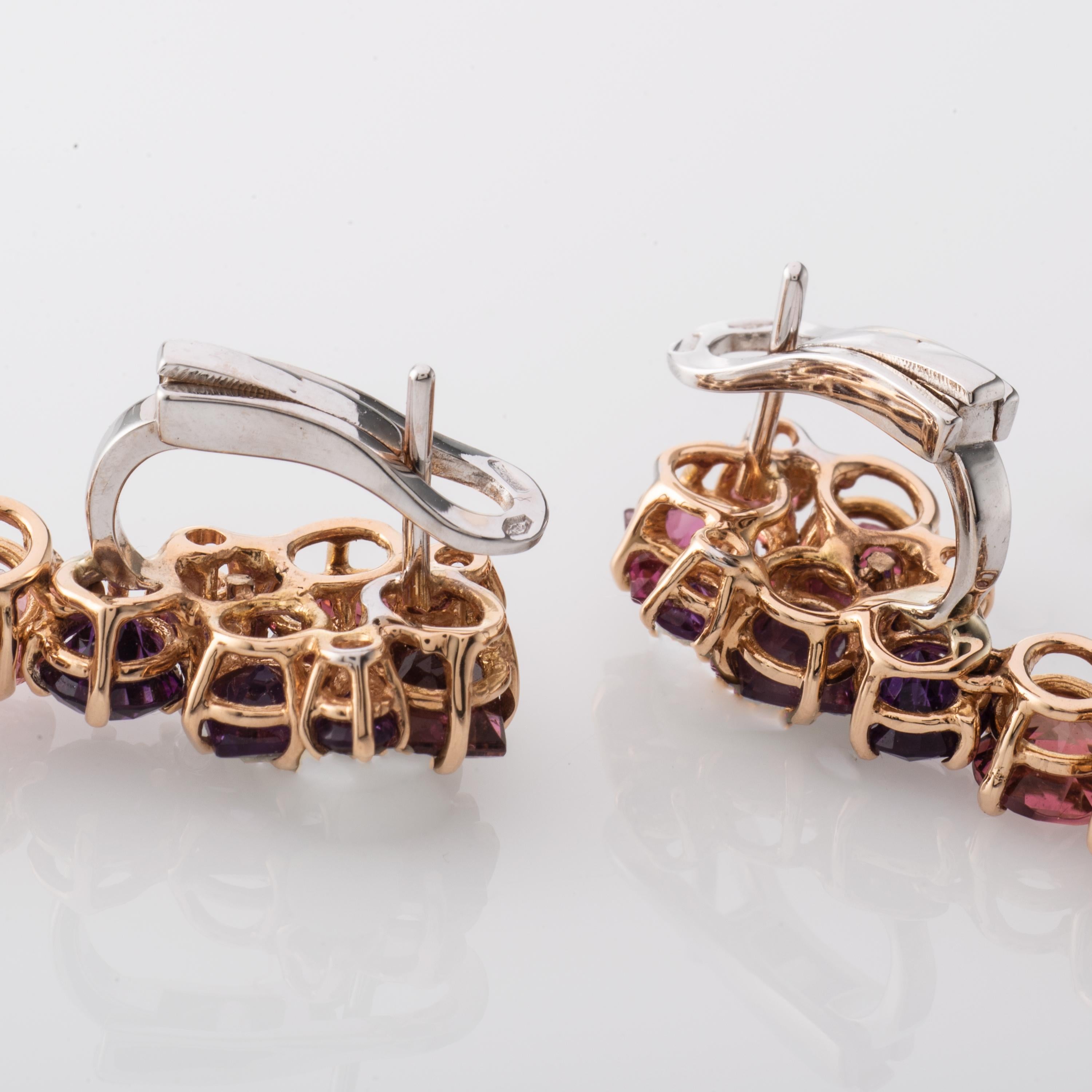 Women's Garnet Amethyst Diamond 18 Karat Rose Gold Dangle Earrings For Sale