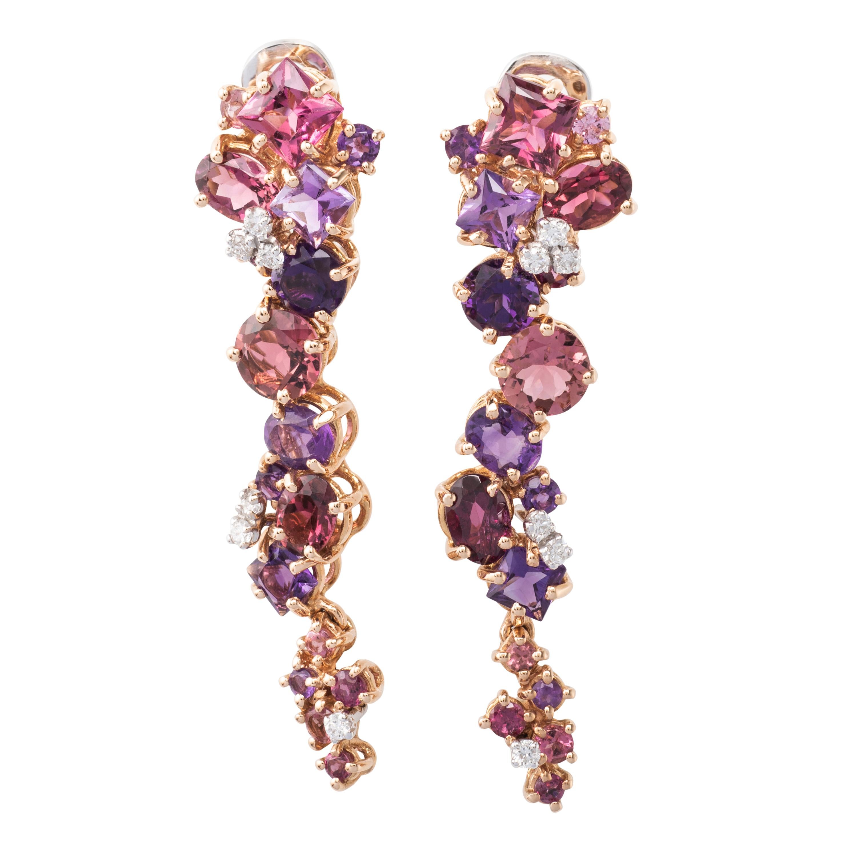 Garnet Amethyst Diamond 18 Karat Rose Gold Dangle Earrings For Sale