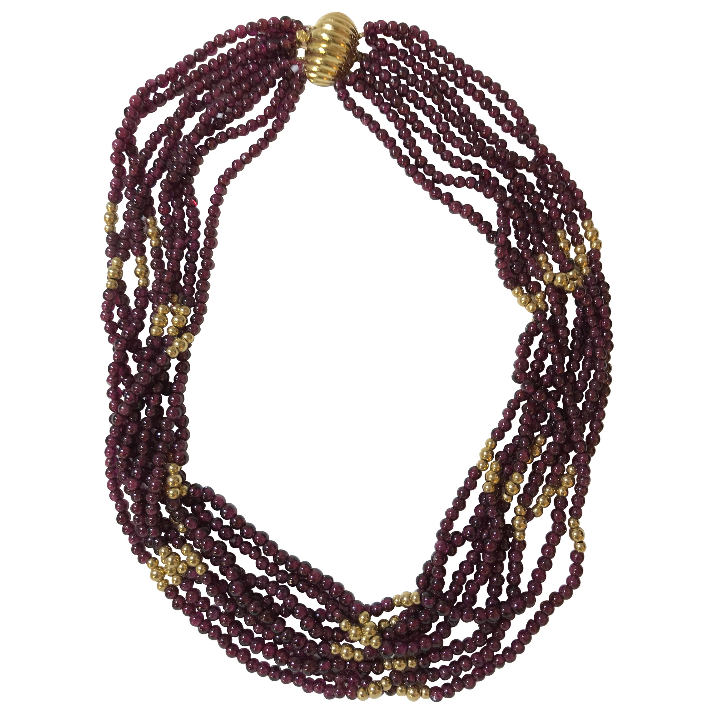 Garnet and 14 Karat Yellow Gold Bead, 7-Strand Necklace For Sale