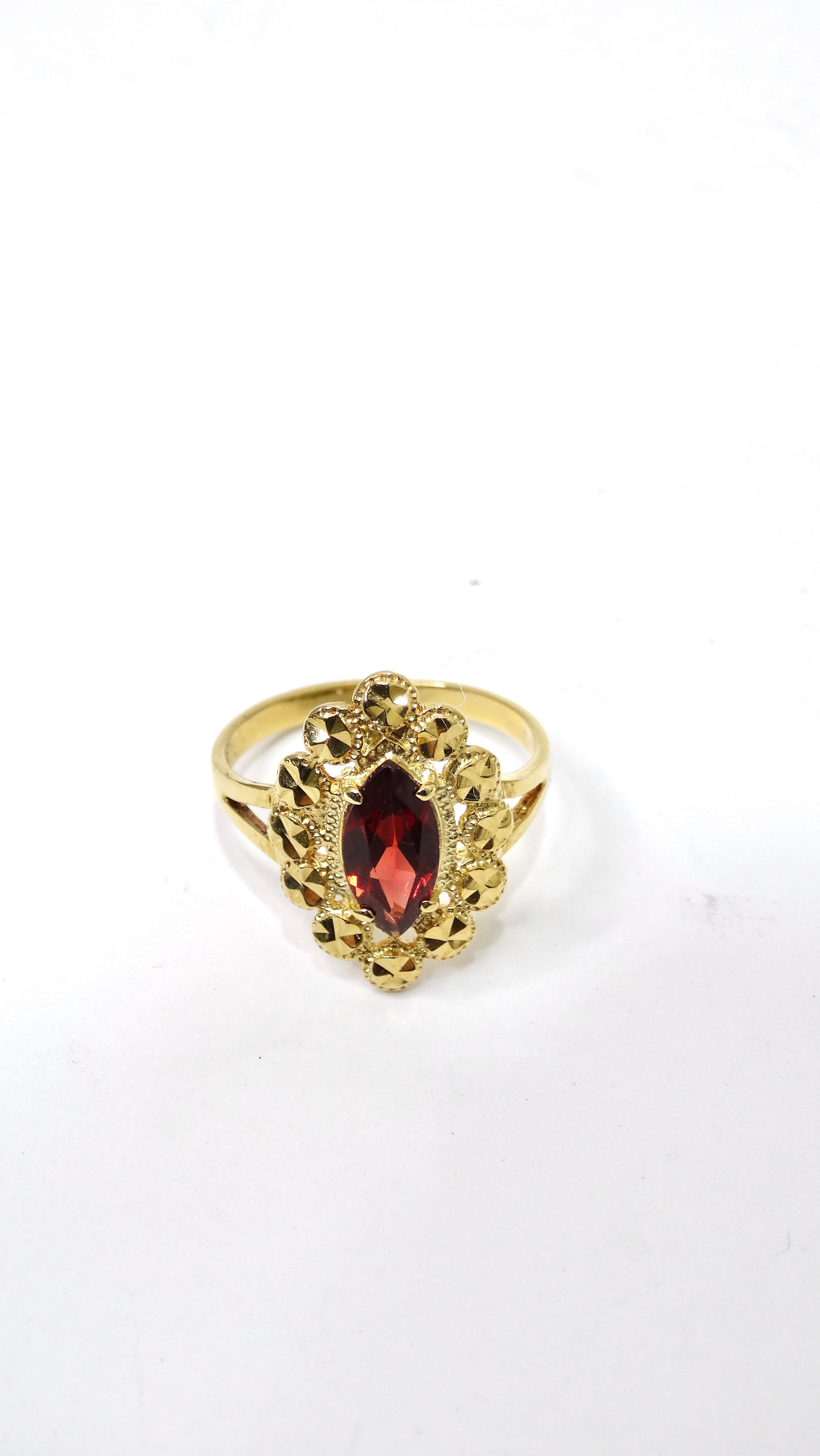 Garnet Marquise Cut and 14k Gold Ornate Ring In Excellent Condition For Sale In Scottsdale, AZ