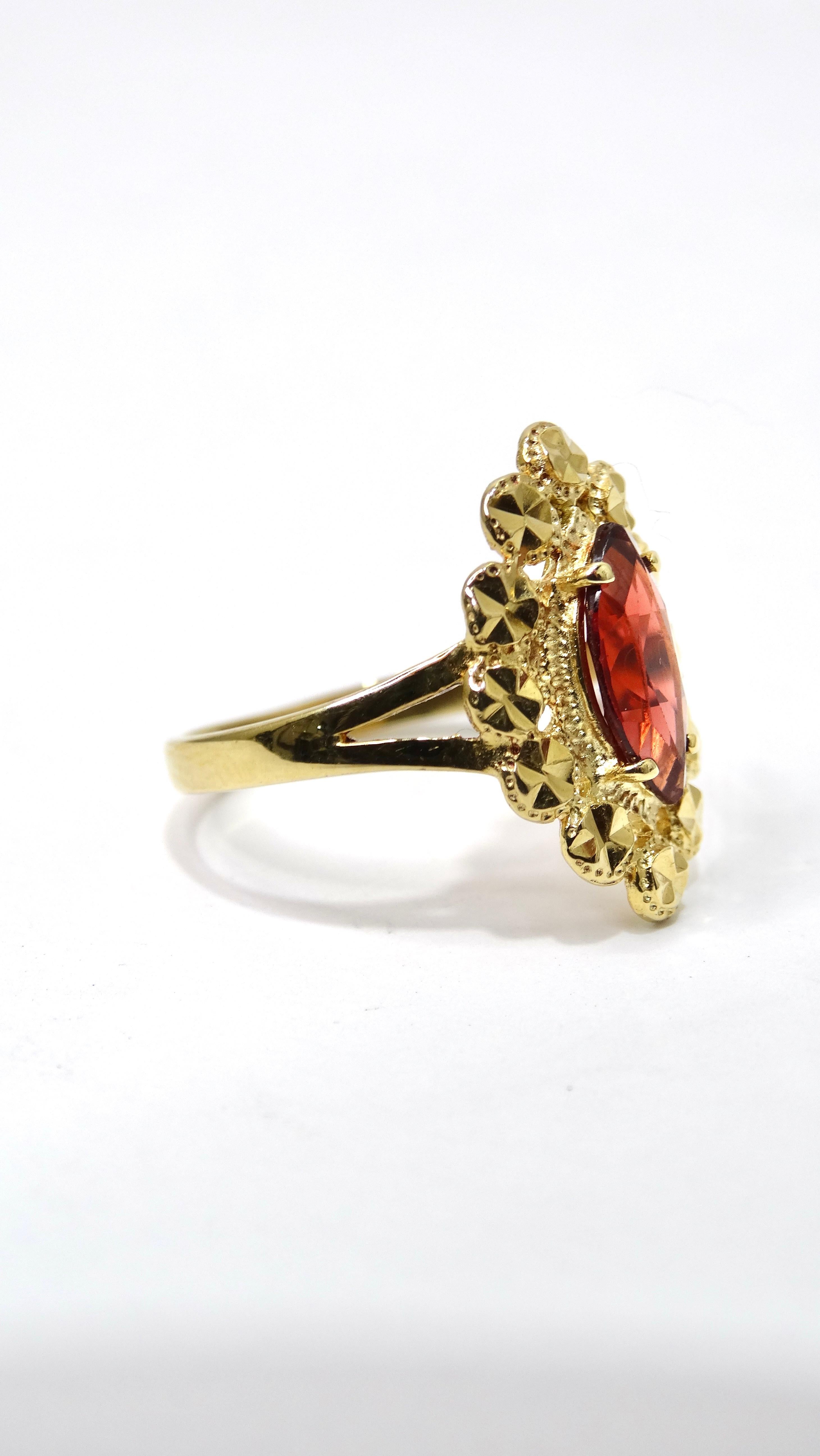 Women's or Men's Garnet Marquise Cut and 14k Gold Ornate Ring For Sale