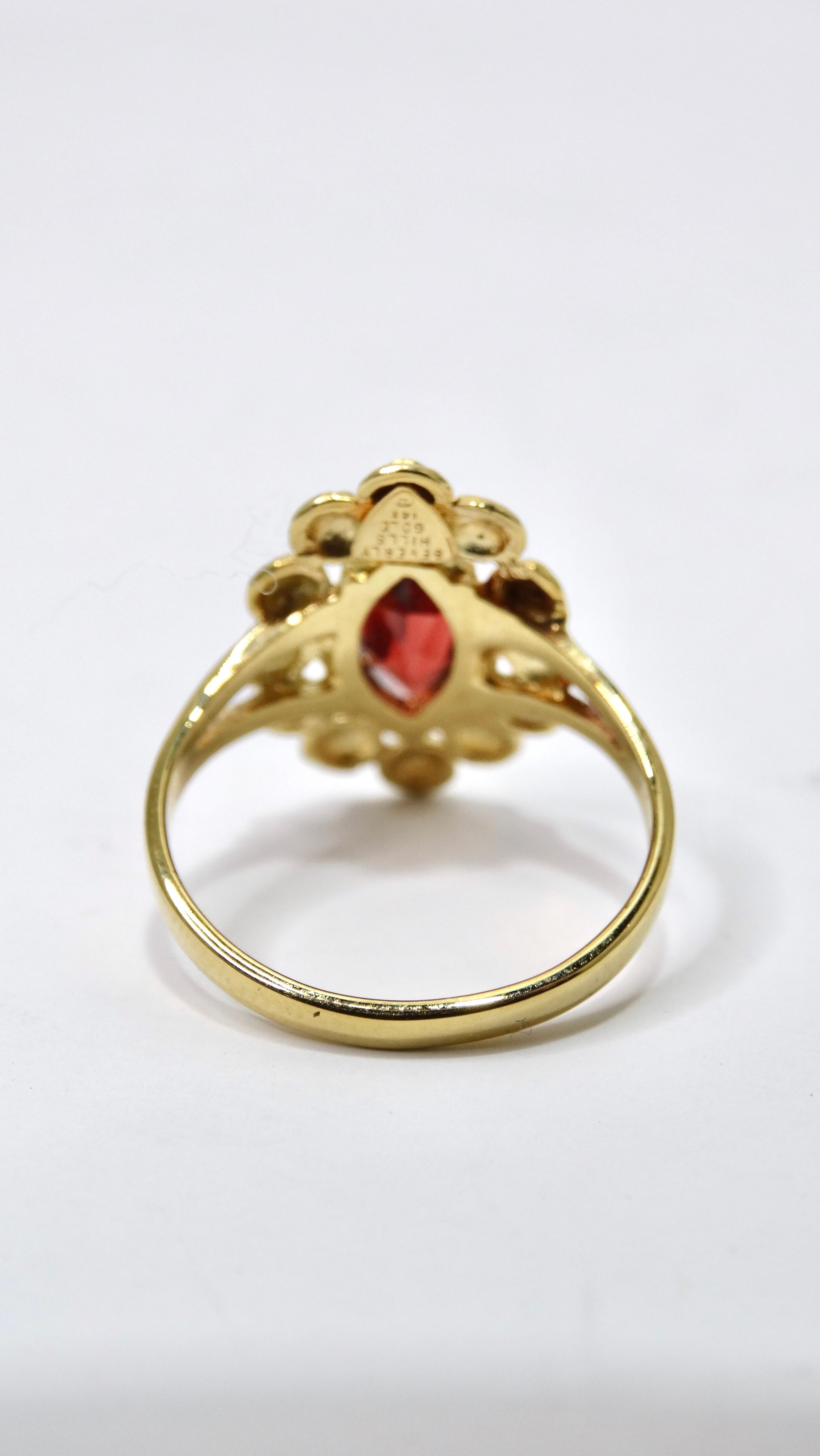 Garnet Marquise Cut and 14k Gold Ornate Ring For Sale 1