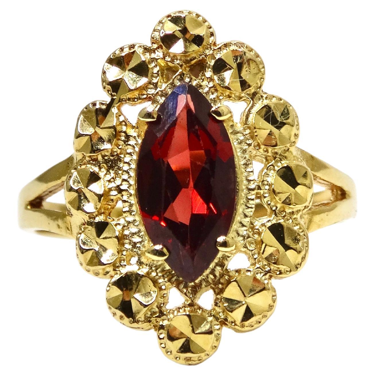 Garnet Marquise Cut and 14k Gold Ornate Ring For Sale