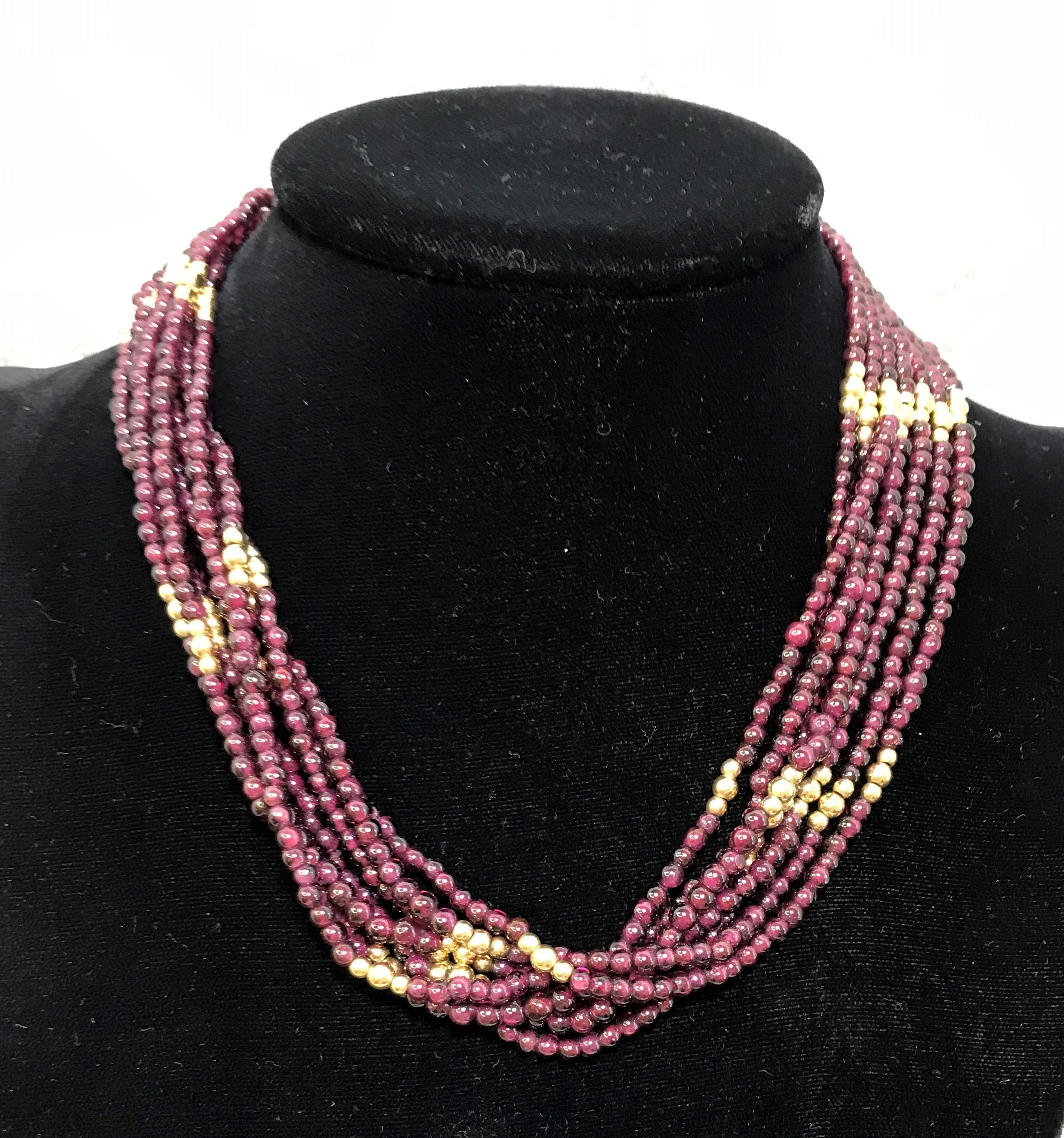 Women's or Men's Garnet and 14 Karat Yellow Gold Bead, 7-Strand Necklace For Sale