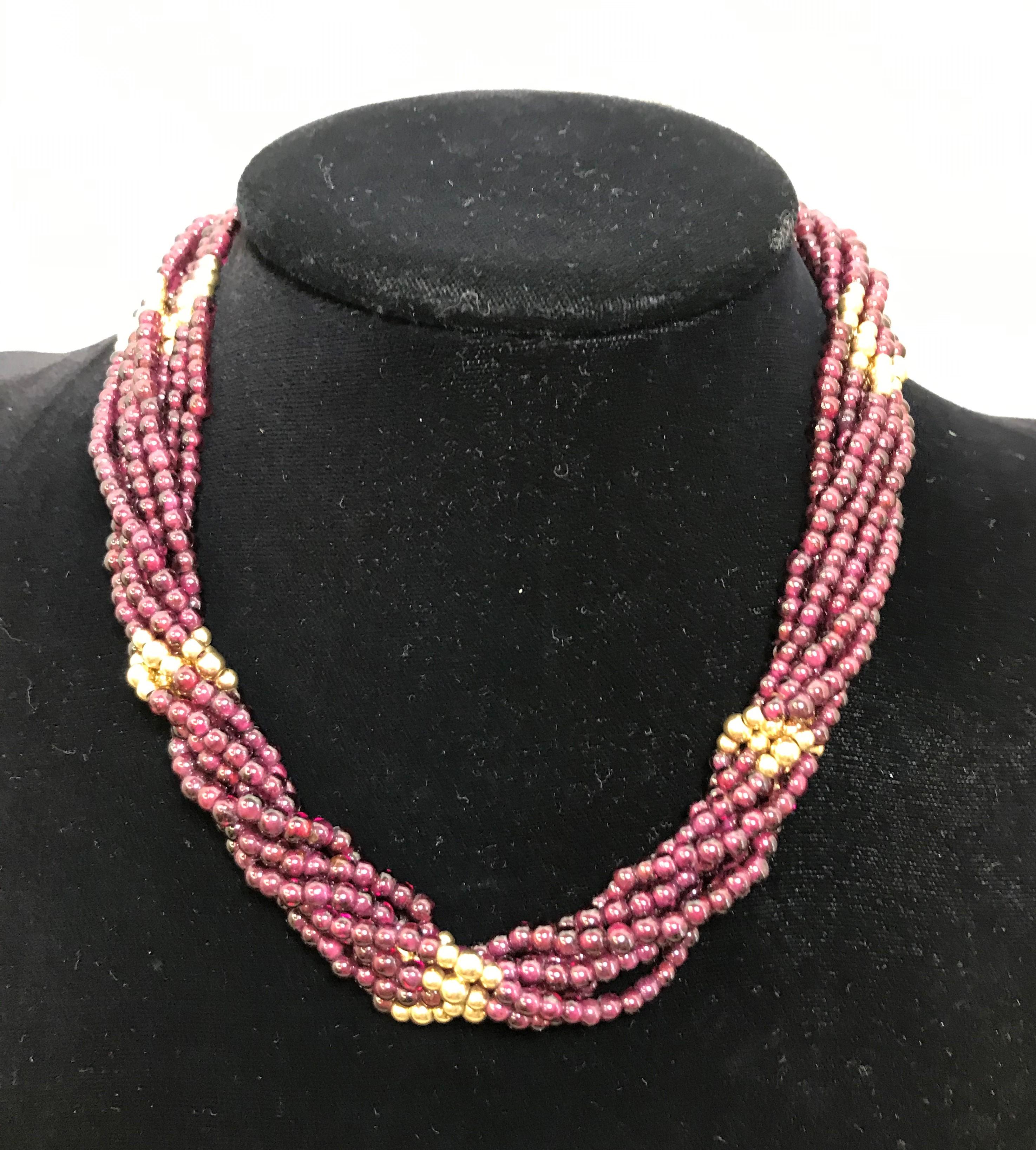 Garnet and 14 Karat Yellow Gold Bead, 7-Strand Necklace For Sale 1