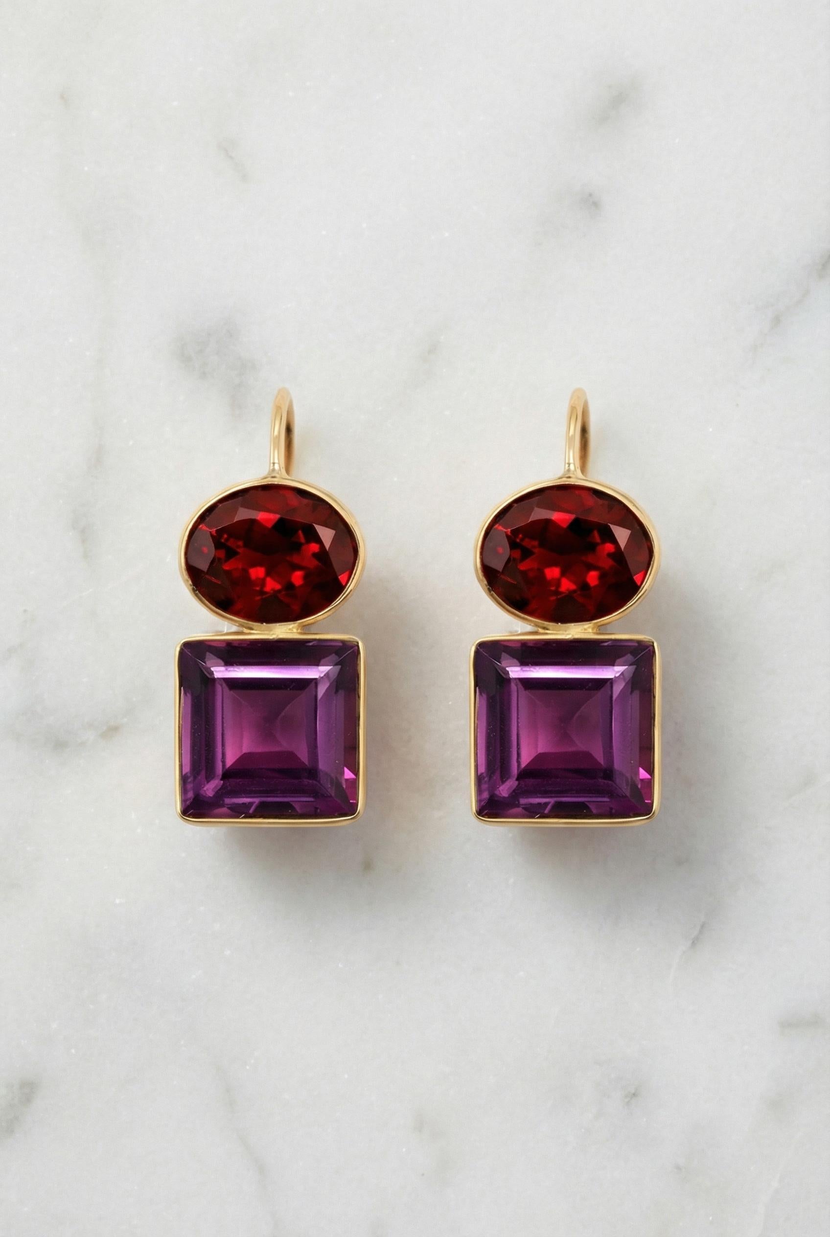 Boucles d'oreilles grenat et améthyste en or 14k Neuf - En vente à Istanbul, TR