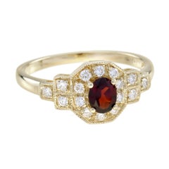 Garnet and Diamond Art Deco Style Engagement Ring in 14K Yellow Gold