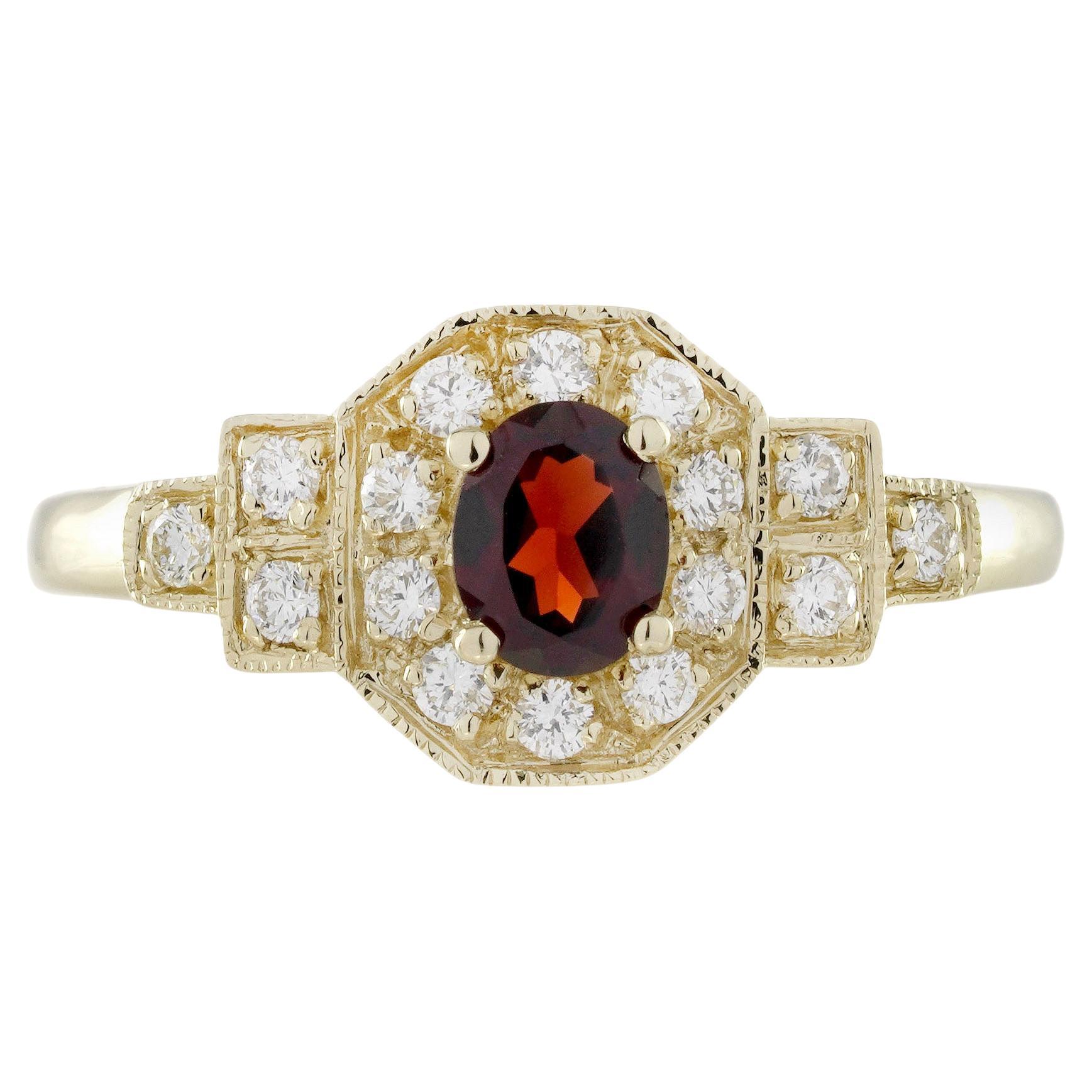 Garnet and Diamond Art Deco Style Engagement Ring in 14K Yellow Gold For Sale