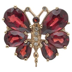 Garnet and Diamond Butterfly Brooch, 9KT Gold, English 1970s