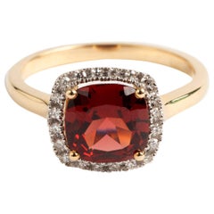 Garnet and Diamond Cluster Ring, Brilliant Cut Diamonds Large Cushion Cut Garnet