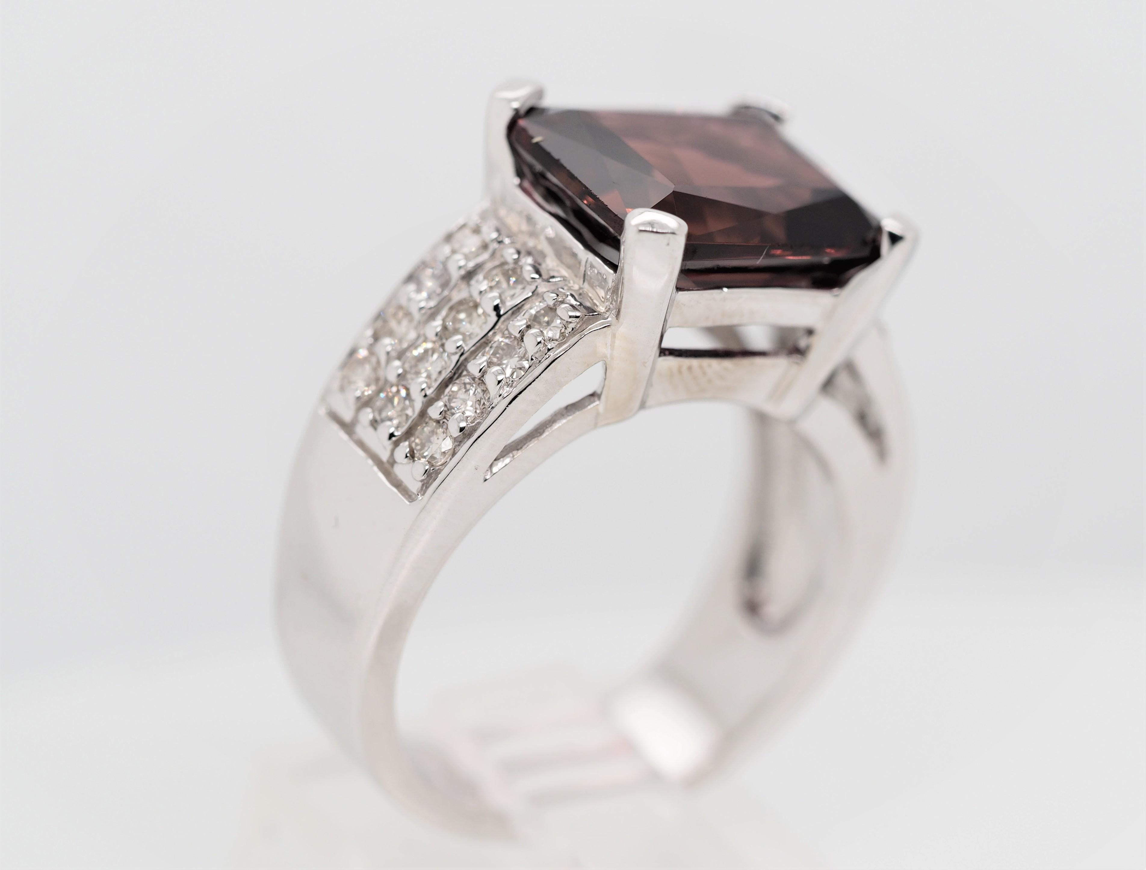 Emerald Cut Garnet and Diamond Cocktail Ring in 14 Karat White Gold For Sale