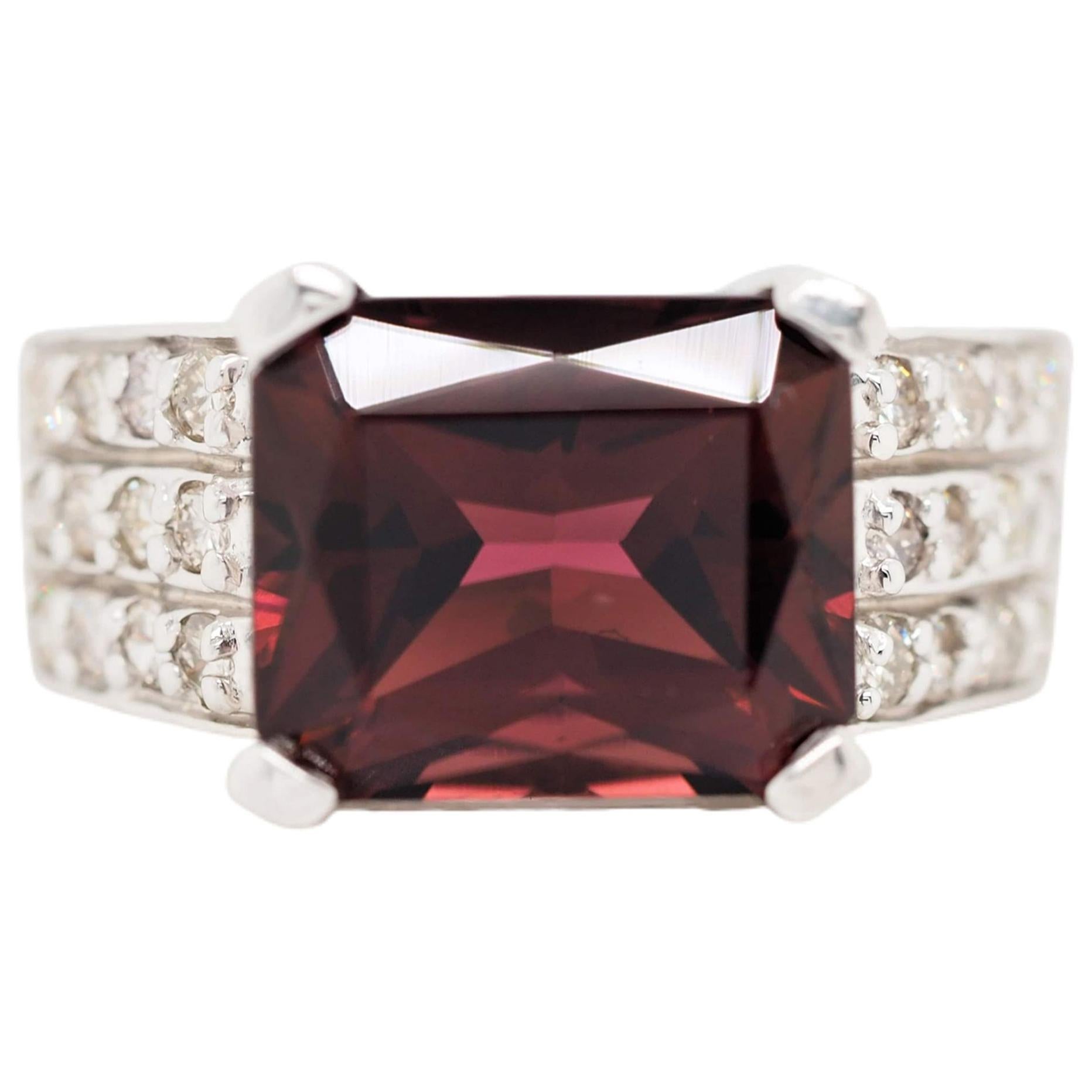 Garnet and Diamond Cocktail Ring in 14 Karat White Gold For Sale