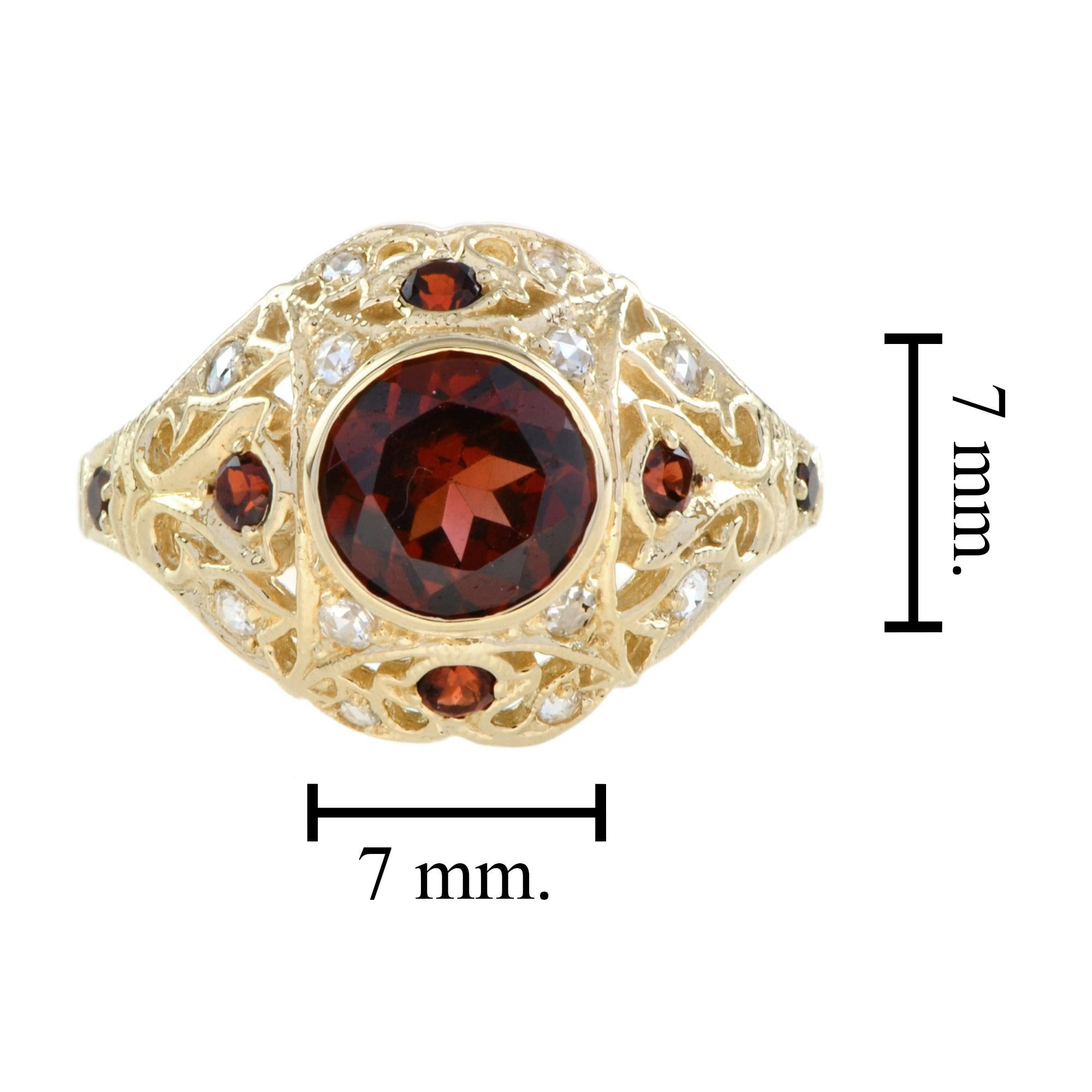 Round Cut Garnet and Diamond Dome Filigree Ring in 14K Yellow Gold