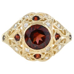 Garnet and Diamond Dome Filigree Ring in 14K Yellow Gold