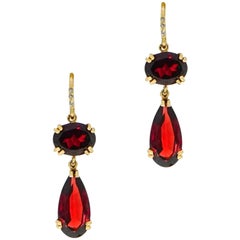 Garnet and Diamond Drop Yellow Gold Earrings