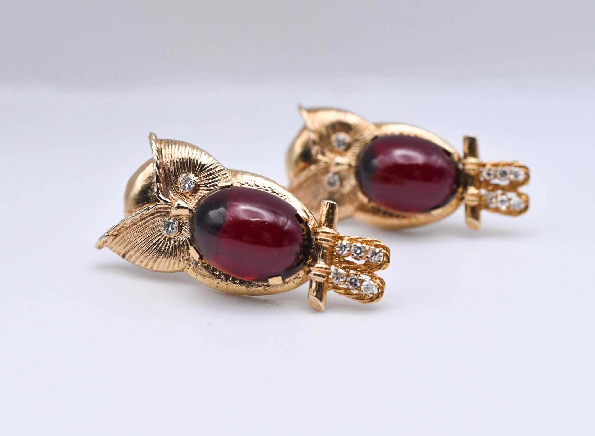 Cabochon Garnet and Diamond Owl Gold Earrings For Sale