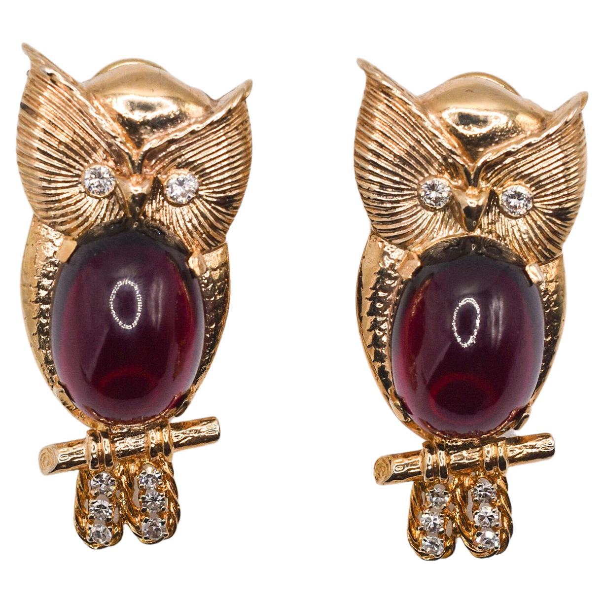 Garnet and Diamond Owl Gold Earrings For Sale