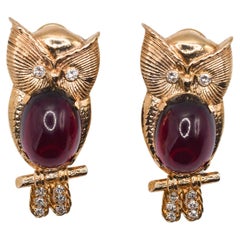 Retro Garnet and Diamond Owl Gold Earrings